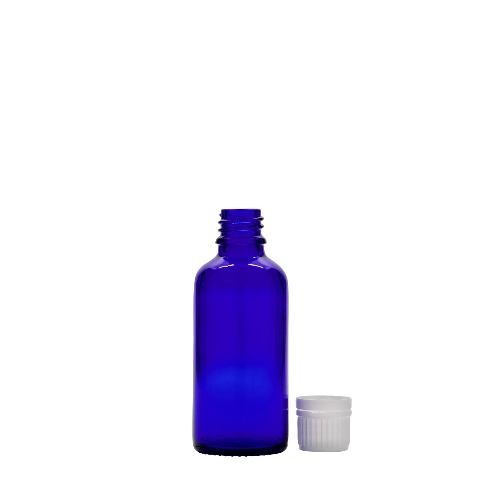 50 ml medicinflaska, glas, kungligt blå, öppning: DIN 18
