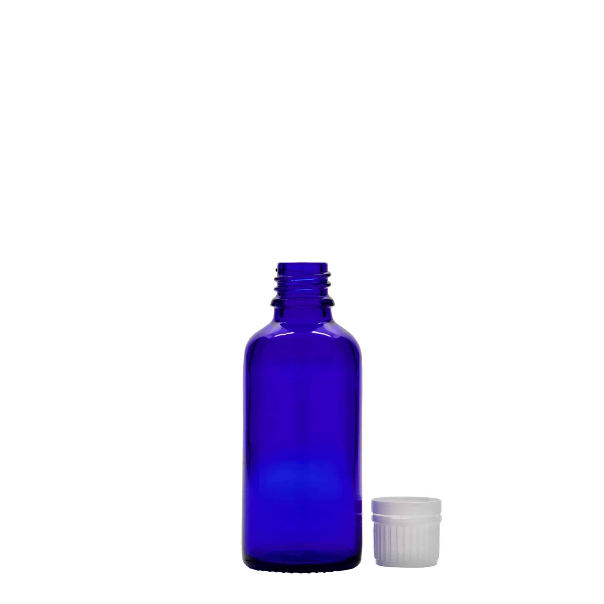 50 ml medicinflaska, glas, kungligt blå, öppning: DIN 18