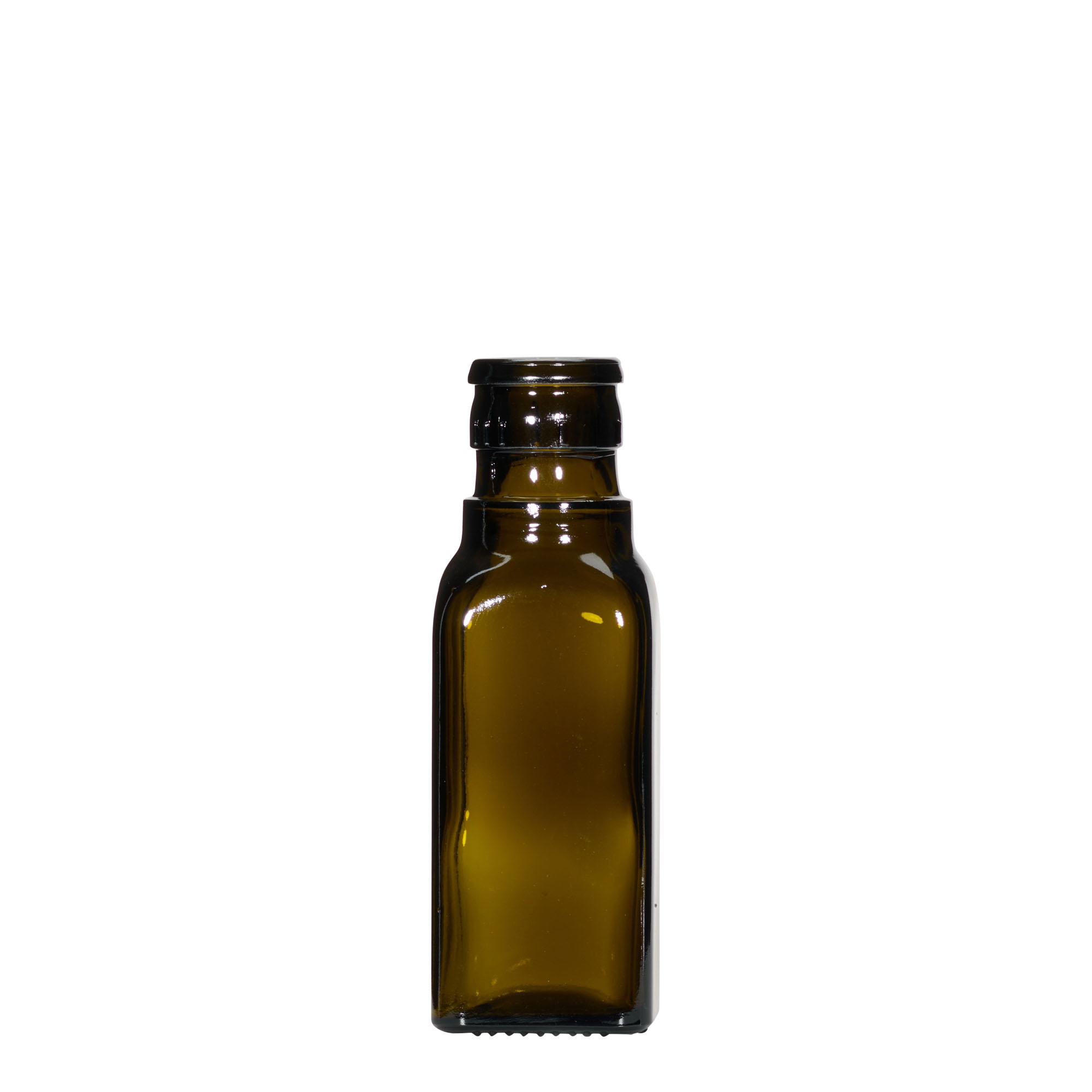 100 ml vinäger-/oljeflaska 'Quadra', glas, kvadratisk, antikgrön, mynning: DOP