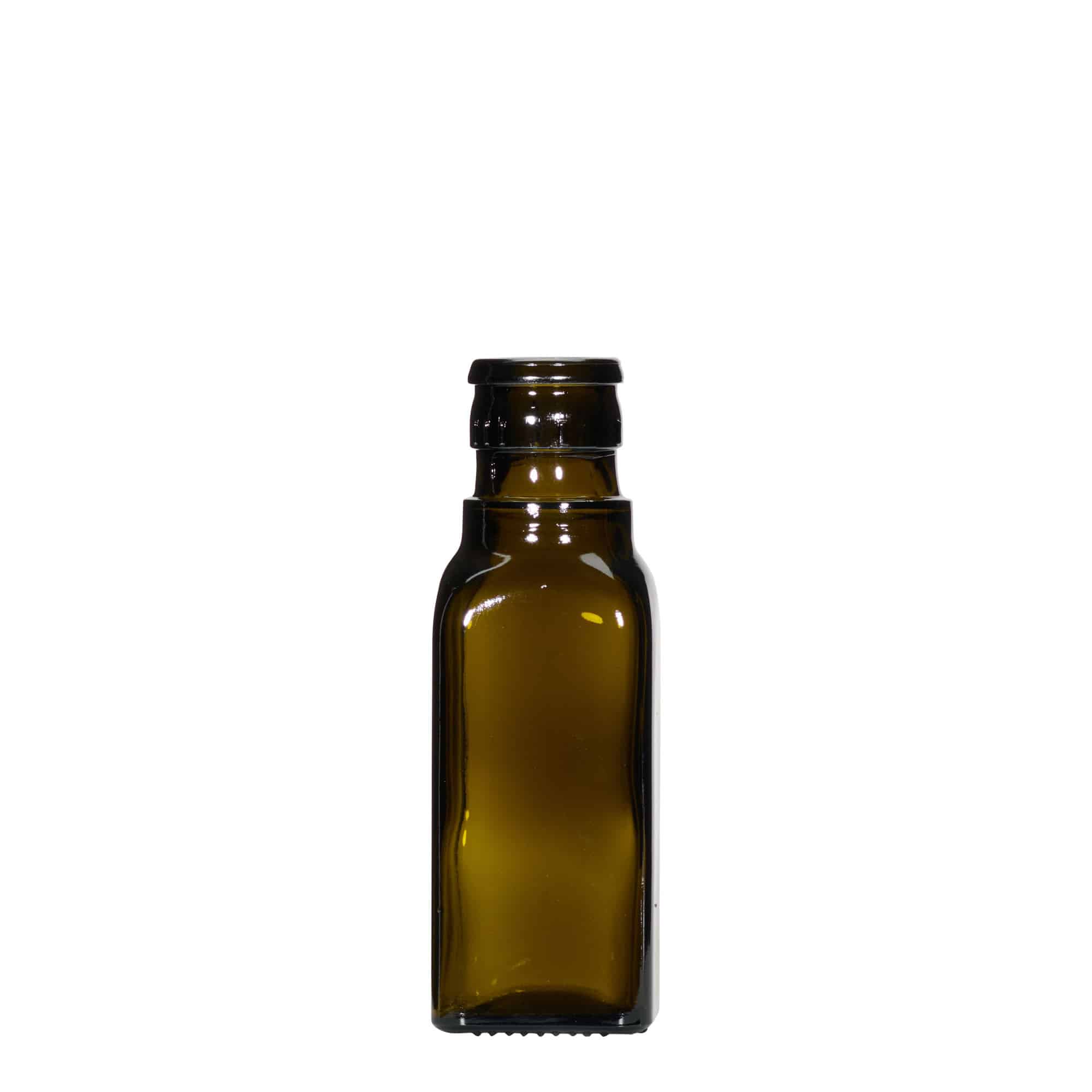 100 ml vinäger-/oljeflaska 'Quadra', glas, kvadratisk, antikgrön, mynning: DOP