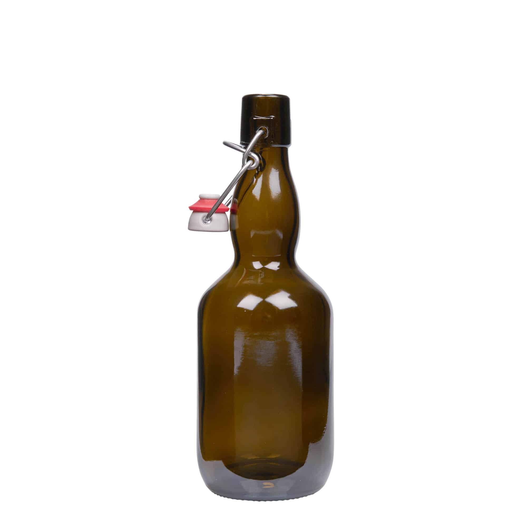 500 ml ölflaska krökt hals, glas, antikgrön, mynning: patentkork
