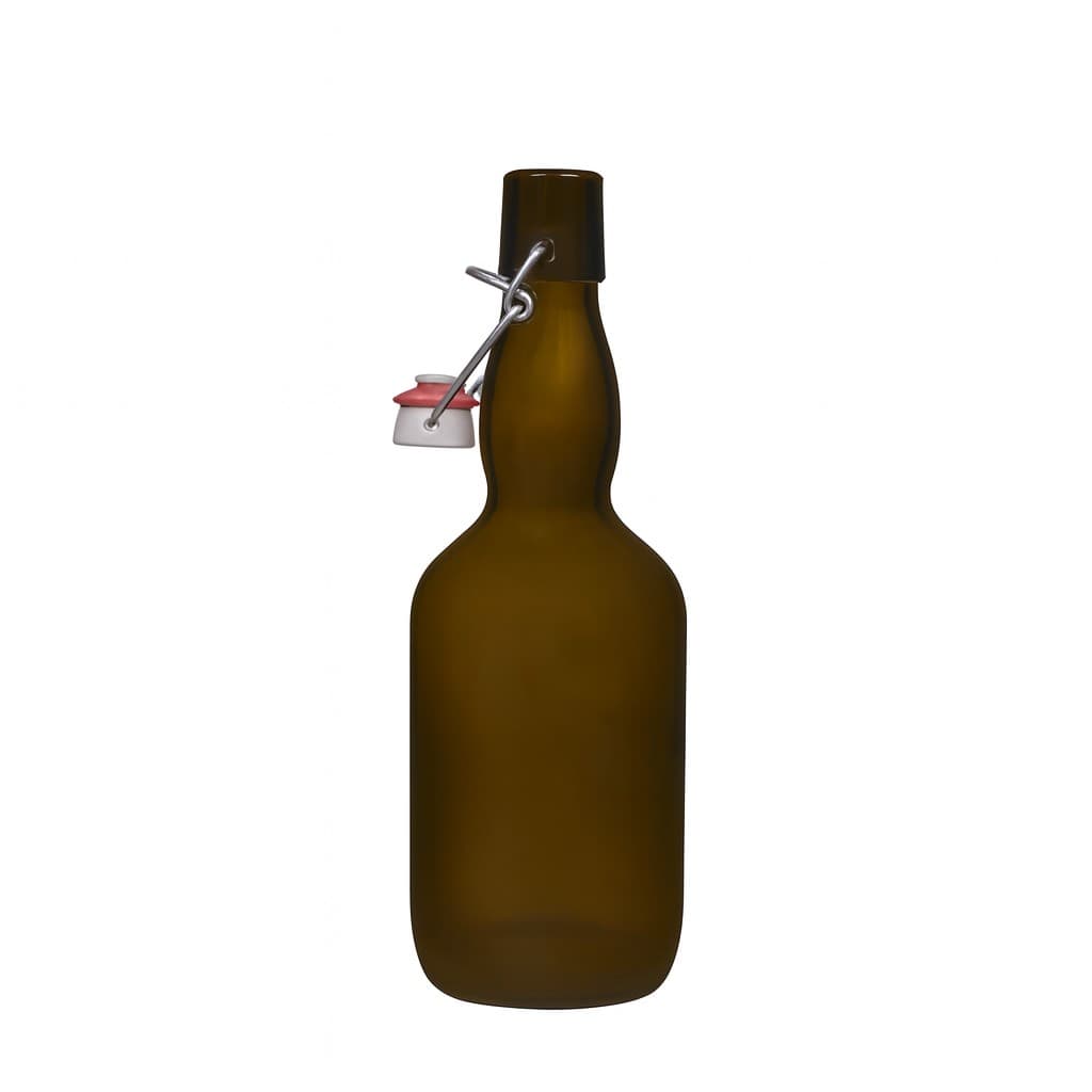 500 ml ölflaska med kragehals, glas, antikgrön, öppning: bygelkapsyl