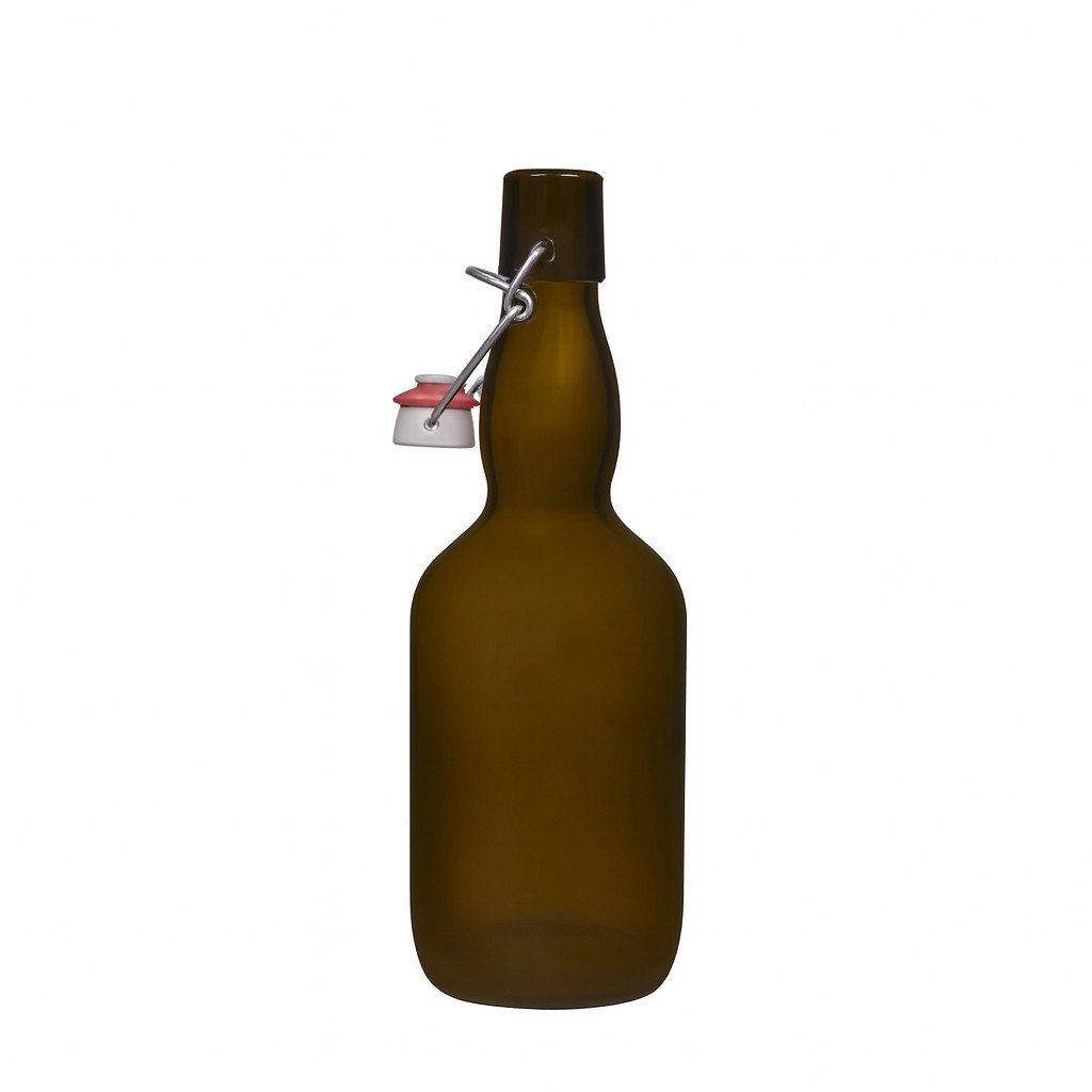 500 ml ölflaska med kragehals, glas, antikgrön, öppning: bygelkapsyl