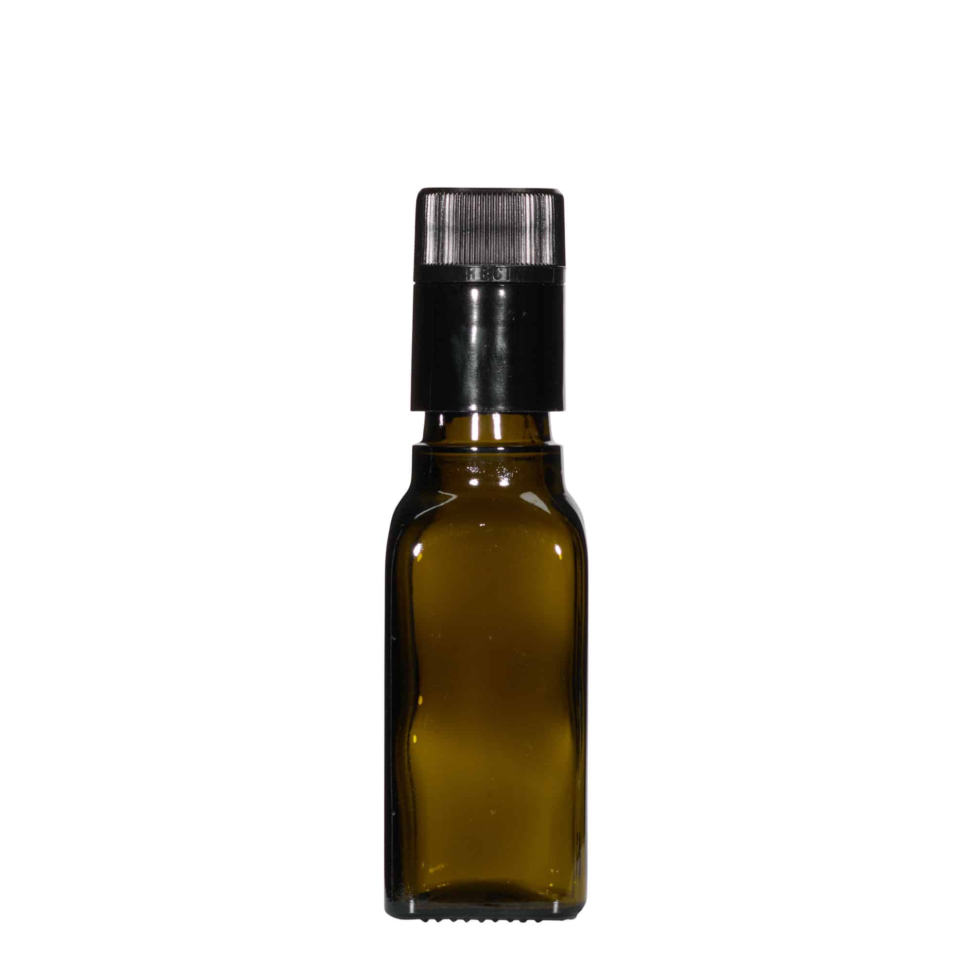 100 ml vinäger-/oljeflaska 'Quadra', glas, kvadratisk, antikgrön, mynning: DOP