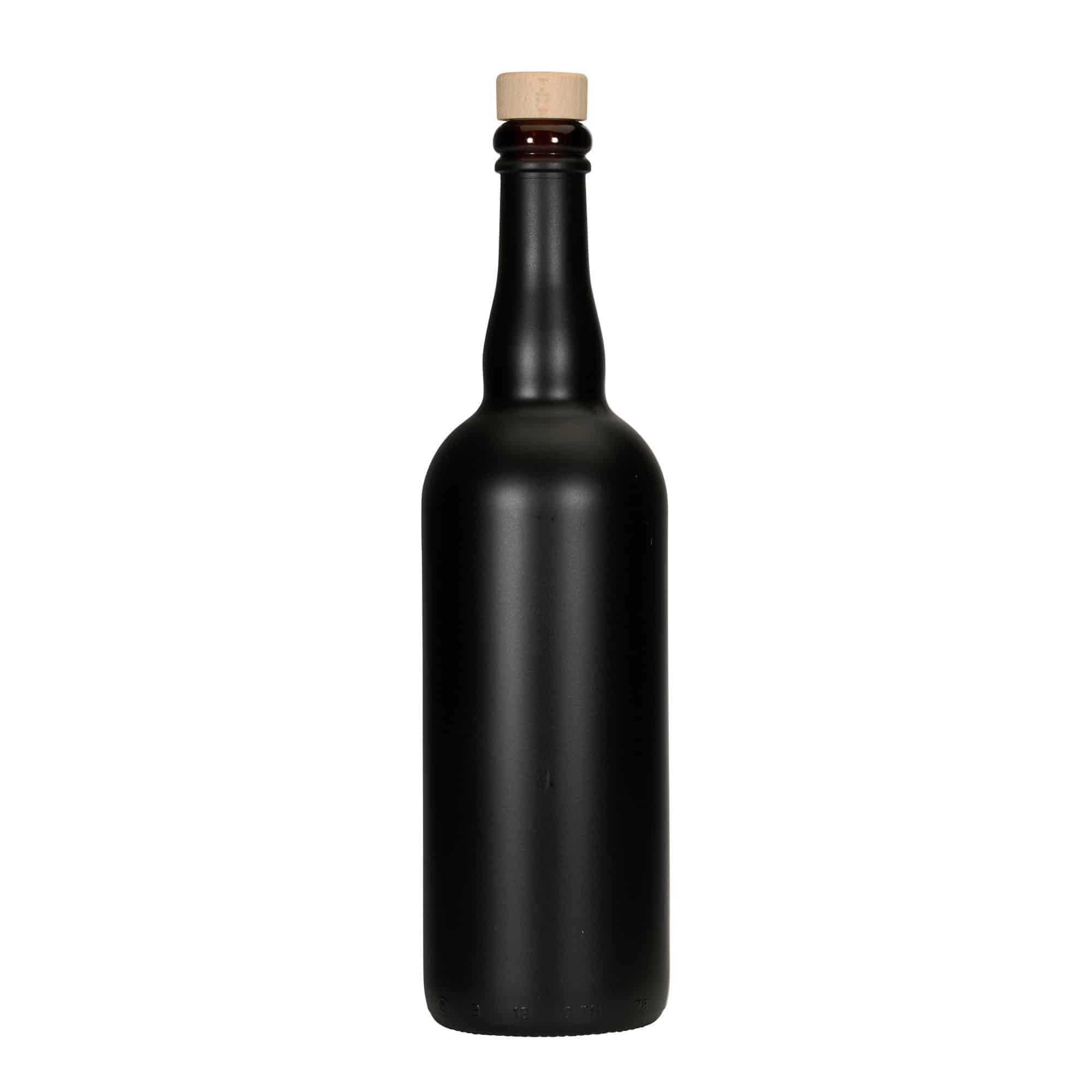 750 ml ölflaska Belgien, glas, svart, mynning: kork