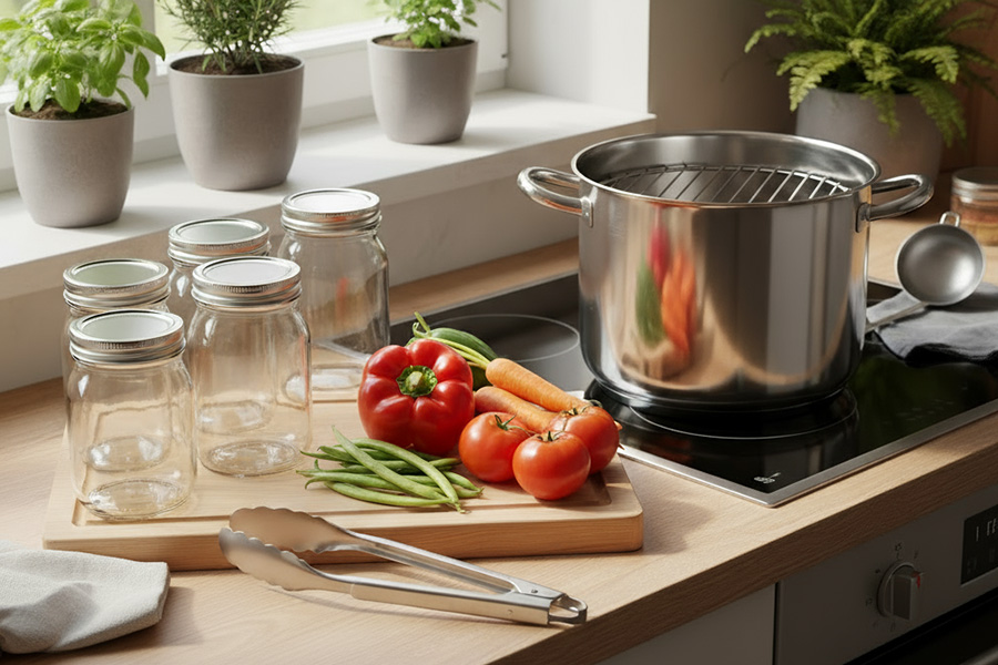 botulism Personen håller en burk inlagda grönsaker i sin vänstra hand och pekar på innehållet med sitt högra pekfinger