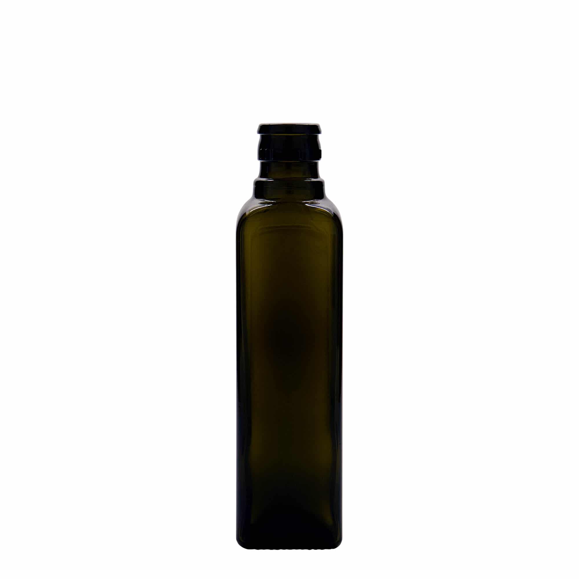 250 ml vinäger-/oljeflaska 'Quadra', glas, kvadratisk, antikgrön, mynning: DOP 250 ml vinäger-/oljeflaska 'Quadra', glas, kvadratisk, antikgrön, mynning: DOP