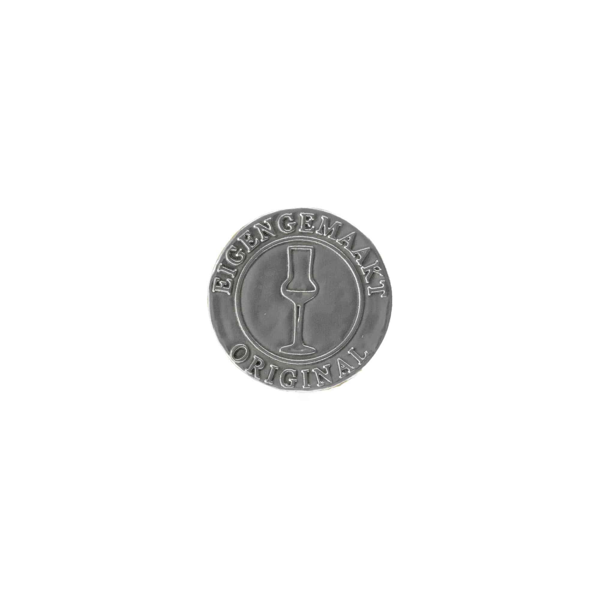 Tennetikett 'Hemgjort', rund, metall, silver Tennetikett 'Hemgjort', rund, metall, silver