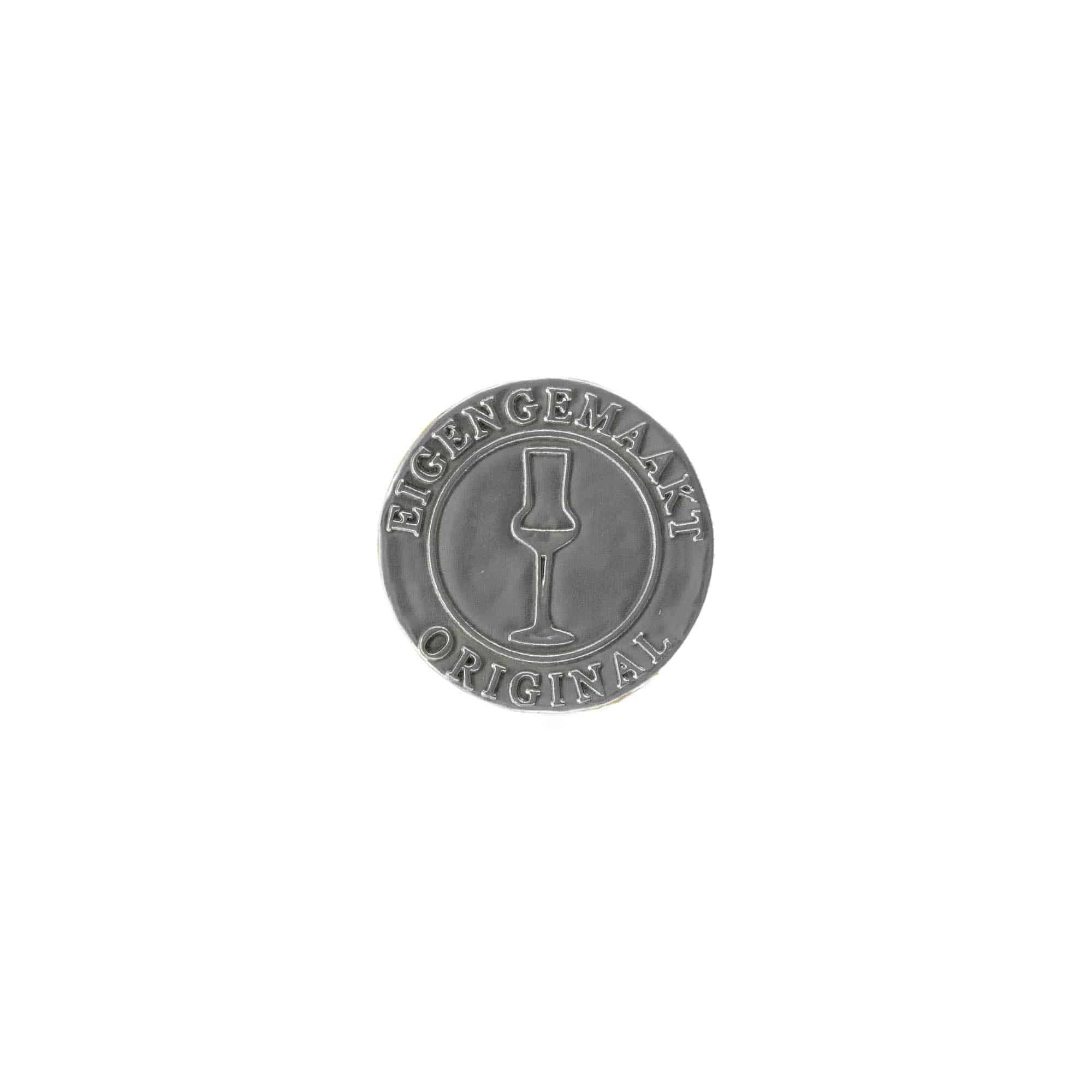 Tennetikett 'Egengjord', rund, metall, silver