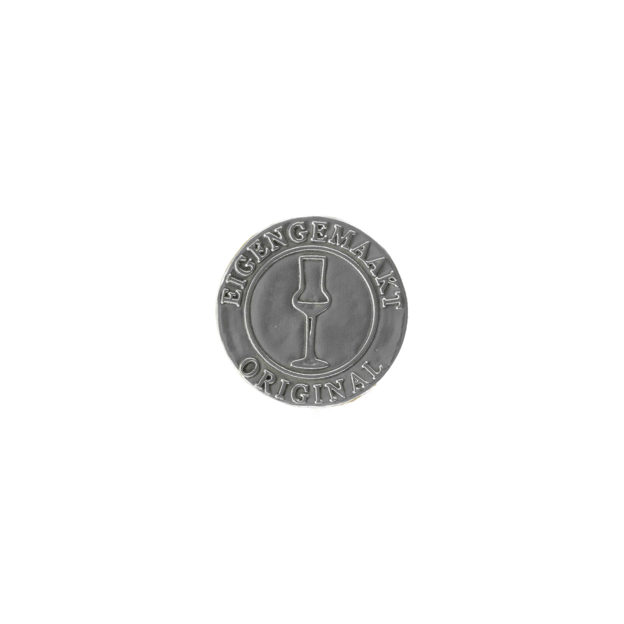 Tennetikett 'Egengjord', rund, metall, silver