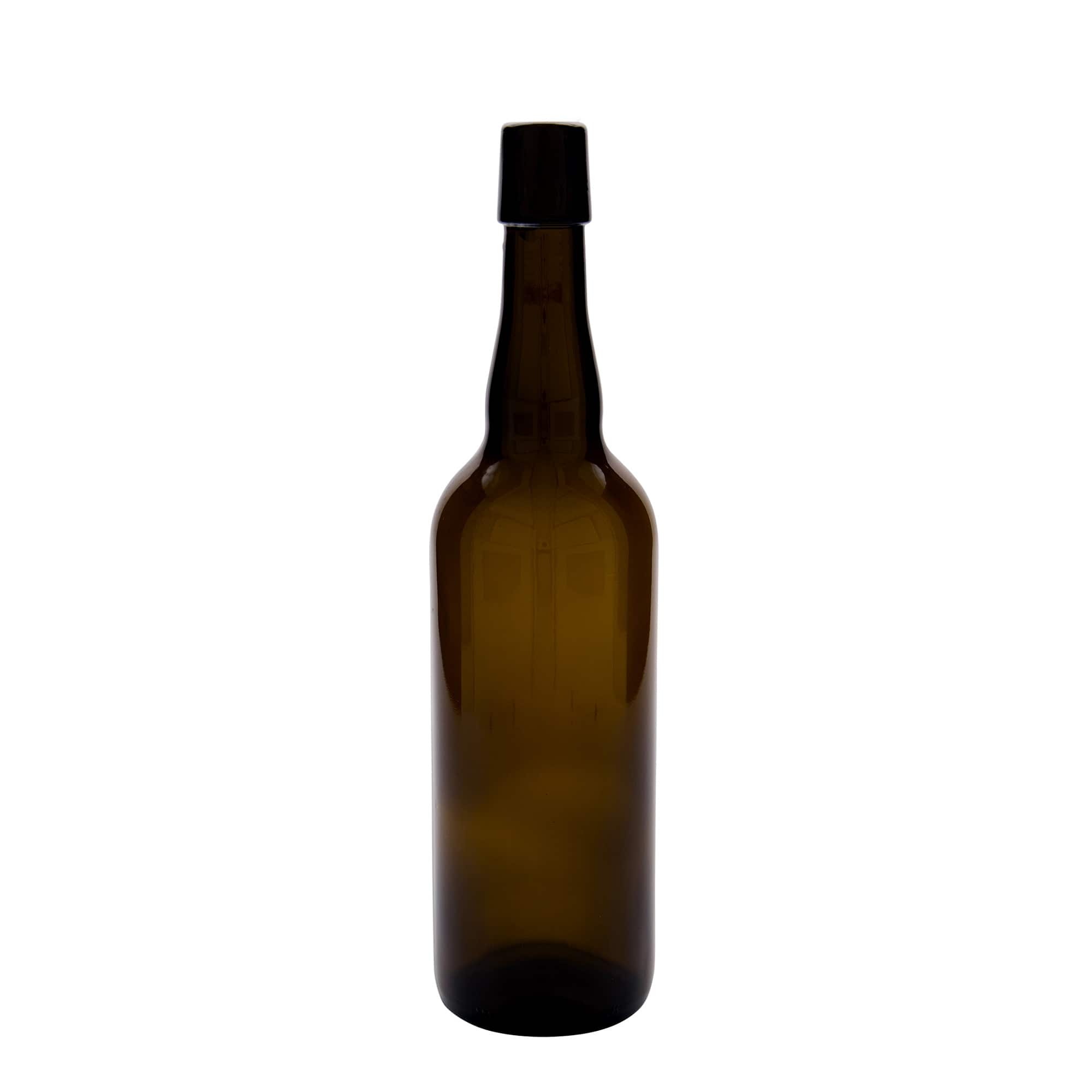 750 ml ölflaska Belgien, glas, brun, öppning: patentkork
