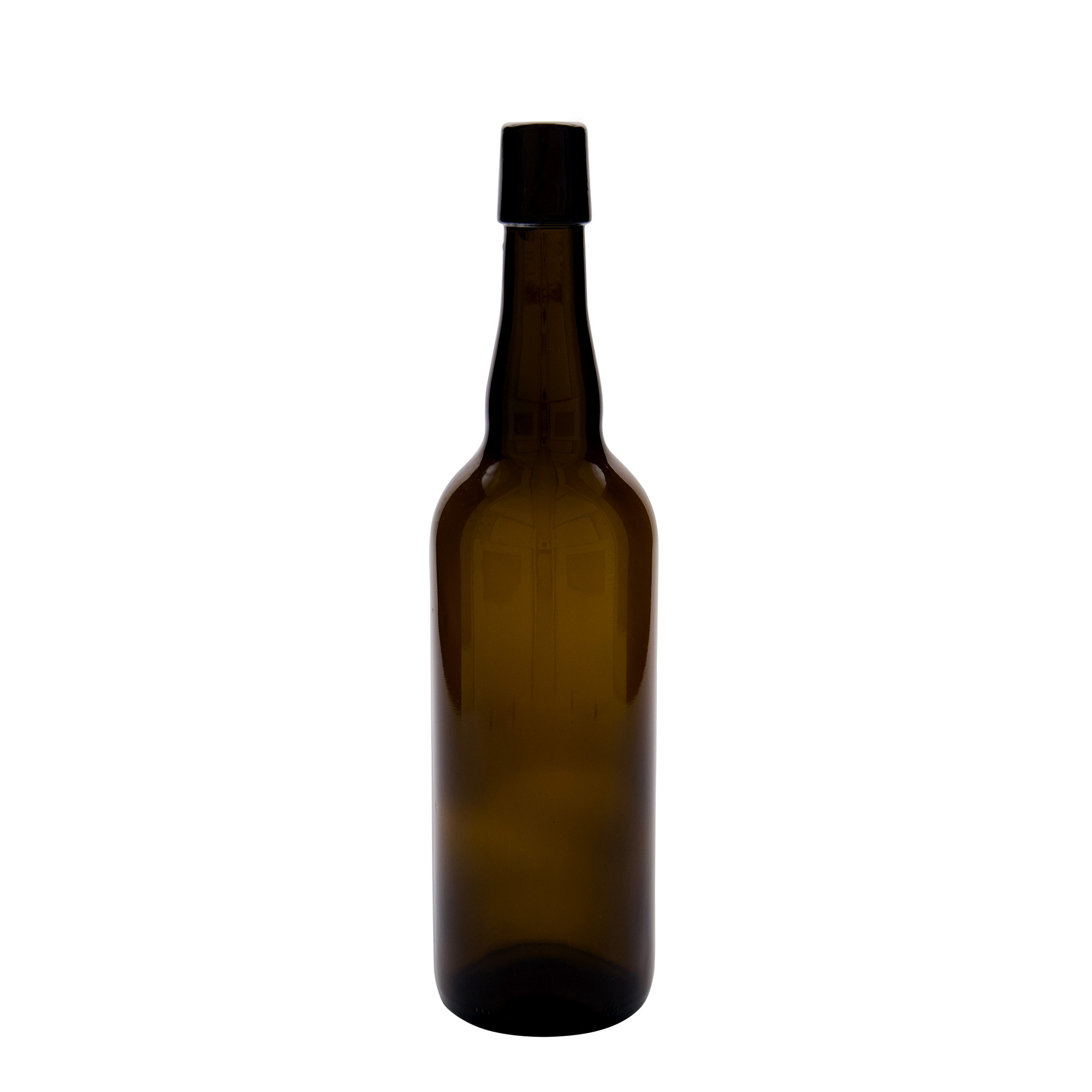 750 ml ölflaska Belgien, glas, brun, öppning: patentkork