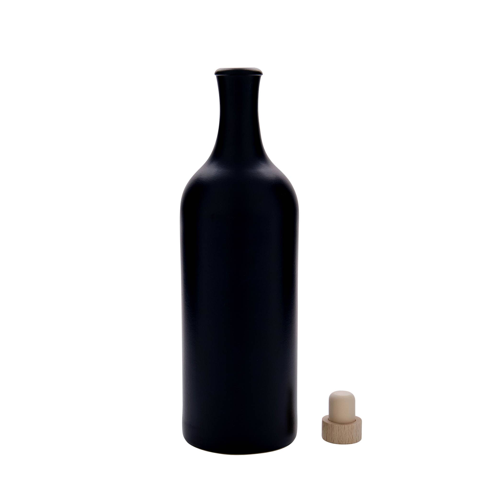 750 ml tonkrus med lång hals, stengods, svart, mynning: kork