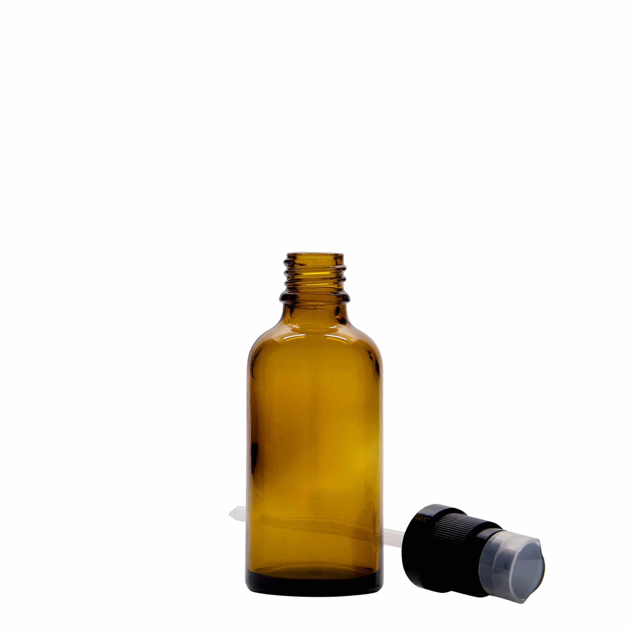 50 ml medicinflaska med lotionpump, glas, brun, mynning: DIN 18