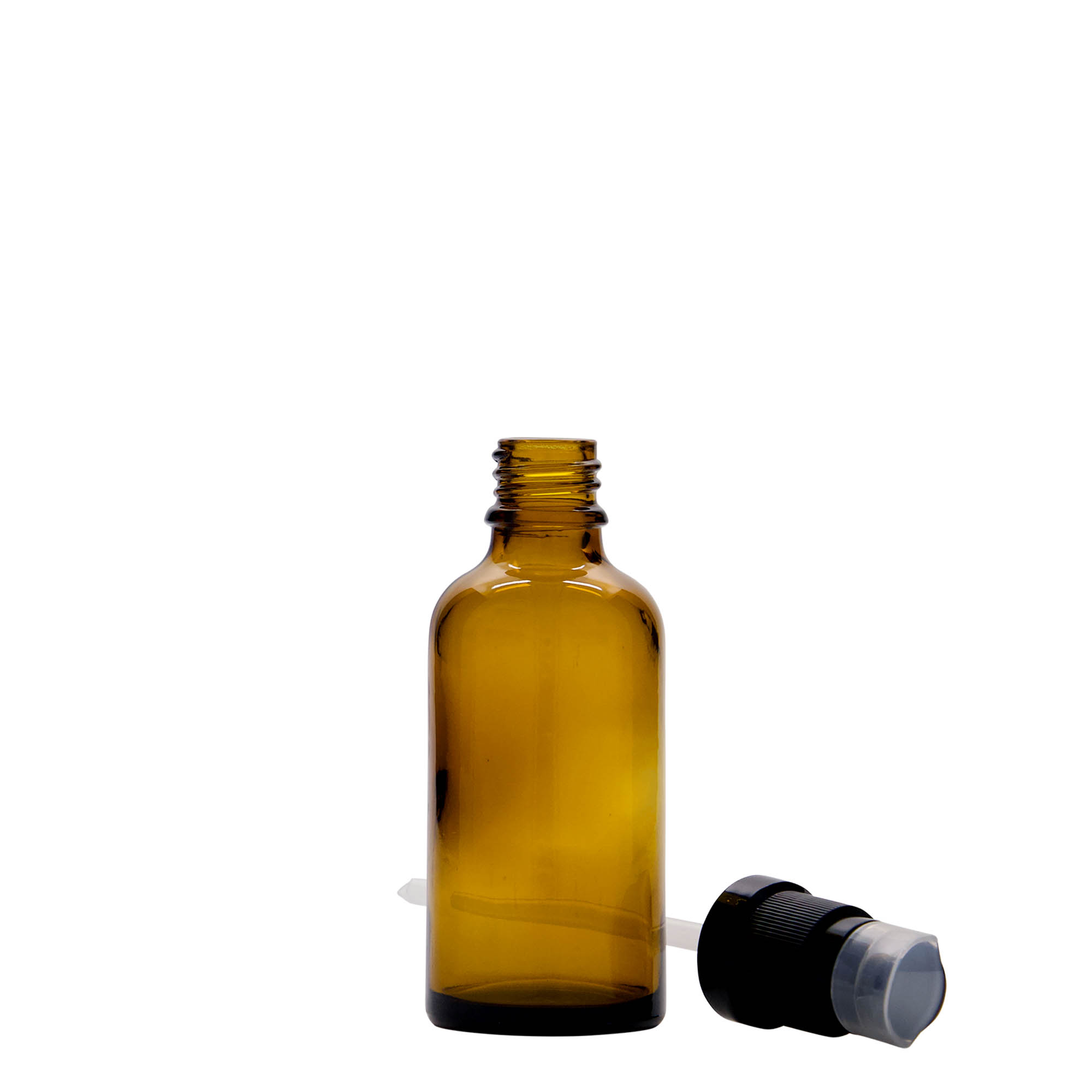 50 ml medicinflaska med lotionpump, glas, brun, mynning: DIN 18