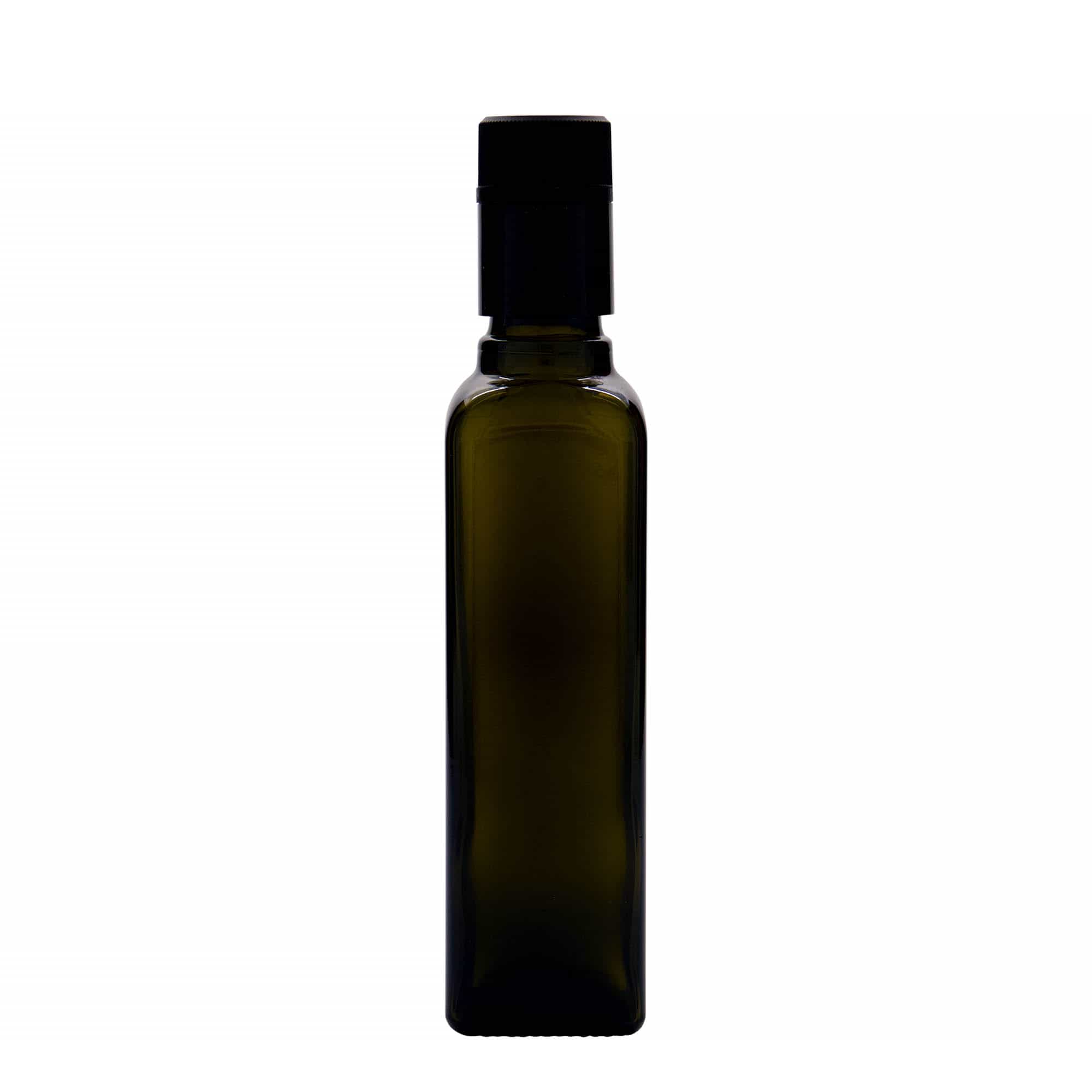 250 ml vinäger-/oljeflaska 'Quadra', glas, kvadratisk, antikgrön, mynning: DOP