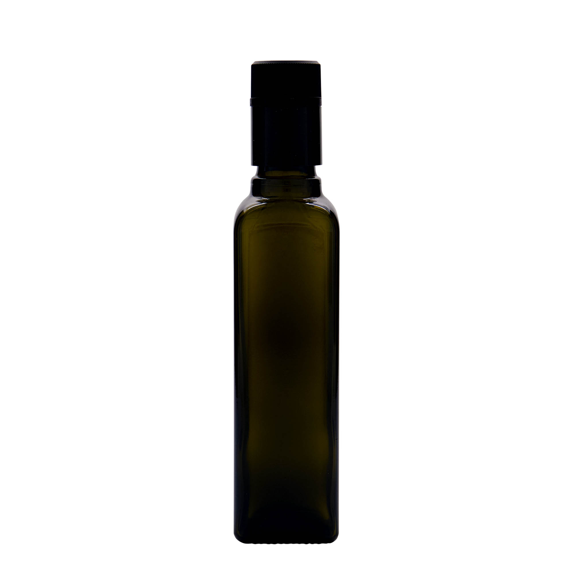 250 ml vinäger-/oljeflaska 'Quadra', glas, kvadratisk, antikgrön, mynning: DOP