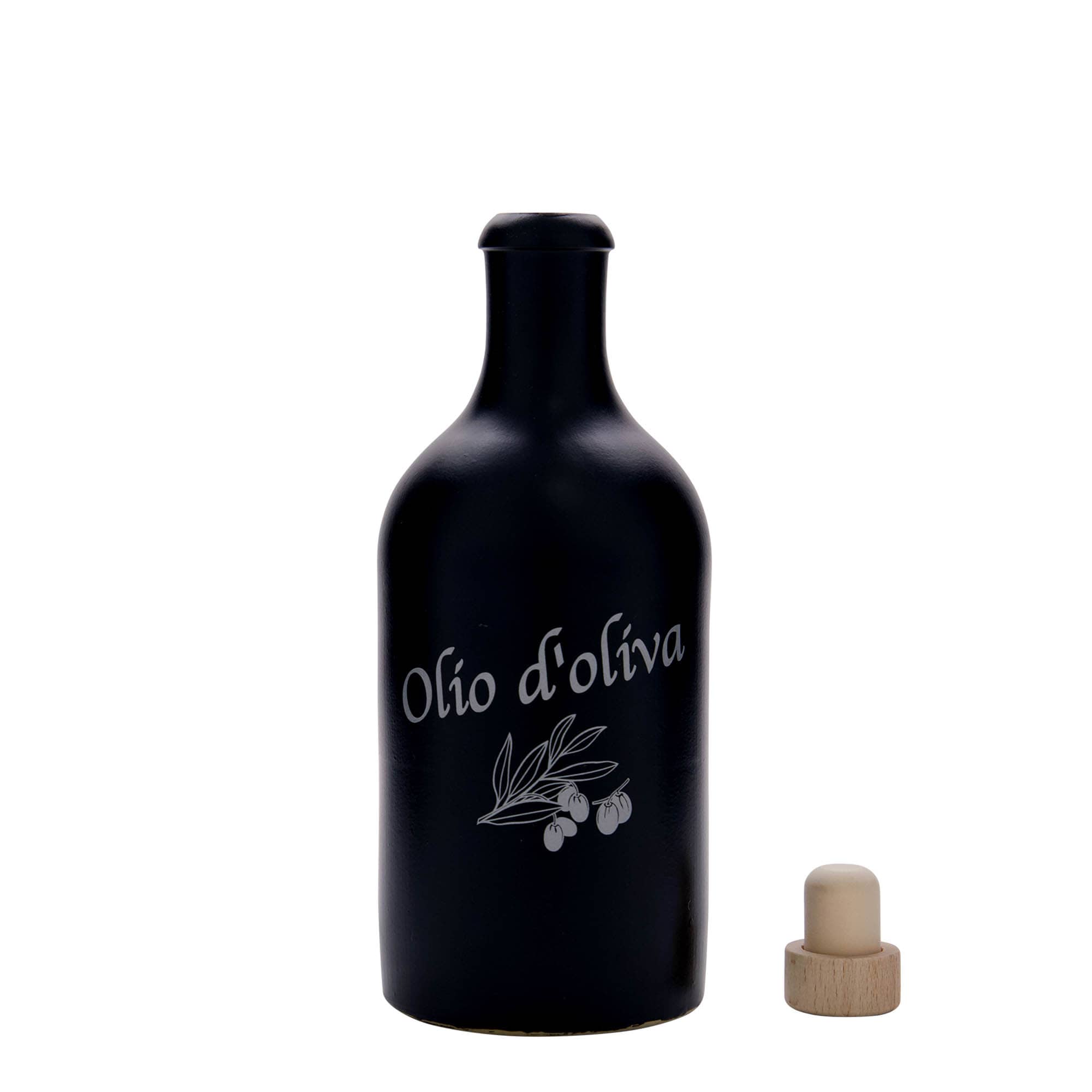 500 ml lerkrus, motiv: Olio d'Oliva, stengods, svart, mynning: kork