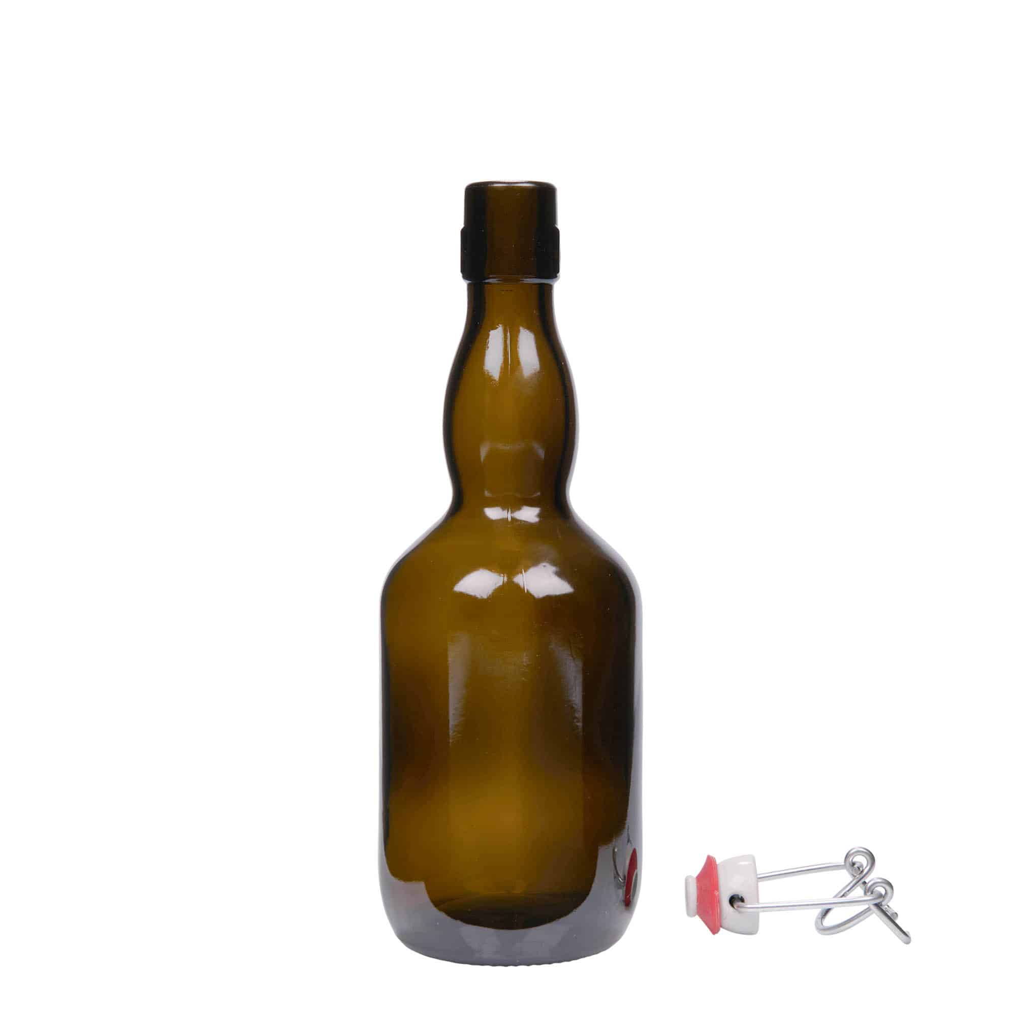 500 ml ölflaska krökt hals, glas, antikgrön, mynning: patentkork