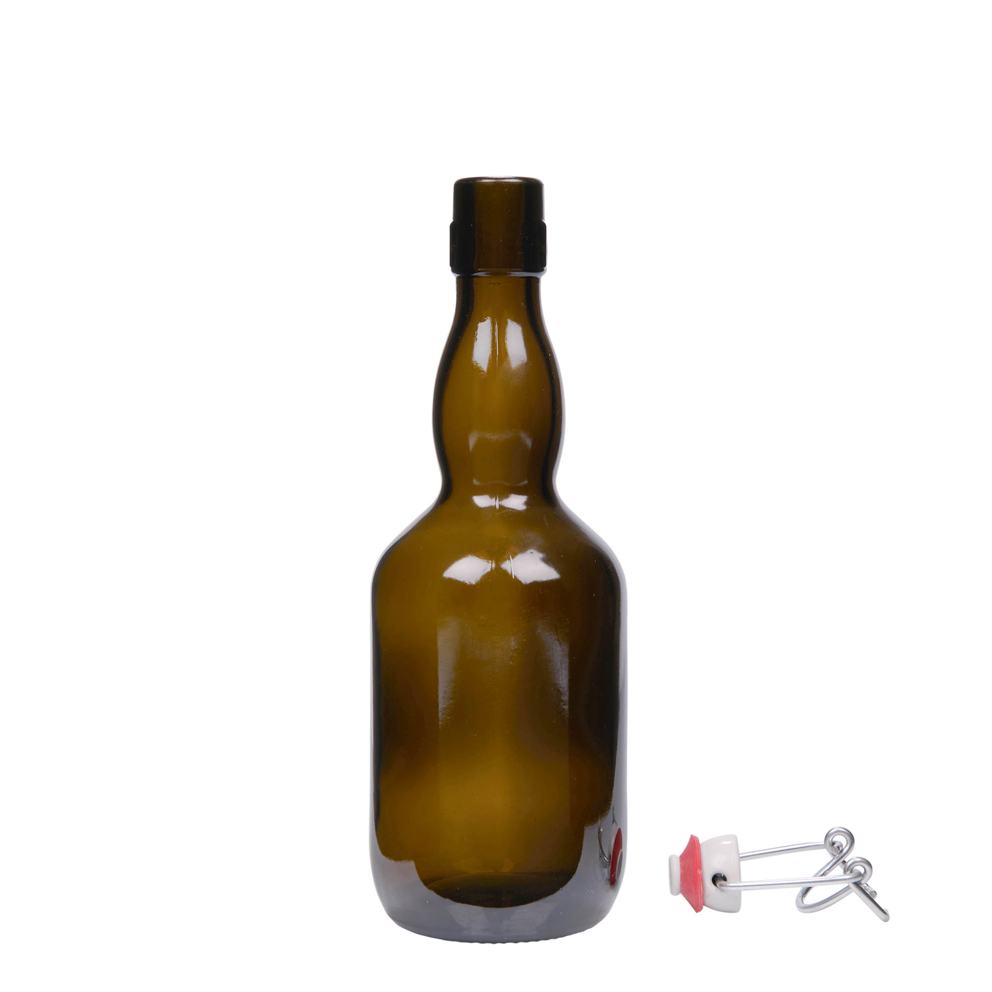 500 ml ölflaska med kragehals, glas, antikgrön, öppning: bygelkapsyl