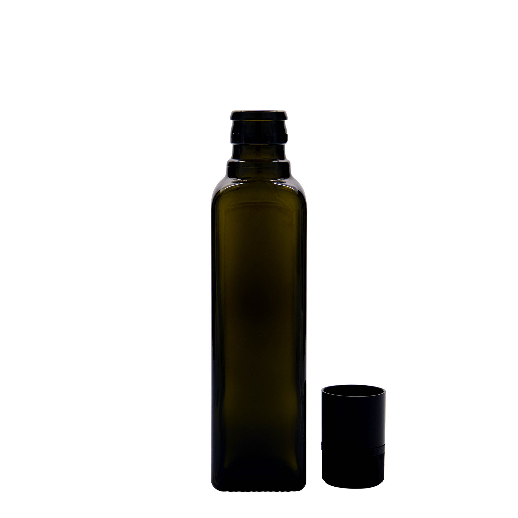 250 ml vinäger-/oljeflaska 'Quadra', glas, kvadratisk, antikgrön, mynning: DOP 250 ml vinäger-/oljeflaska 'Quadra', glas, kvadratisk, antikgrön, mynning: DOP