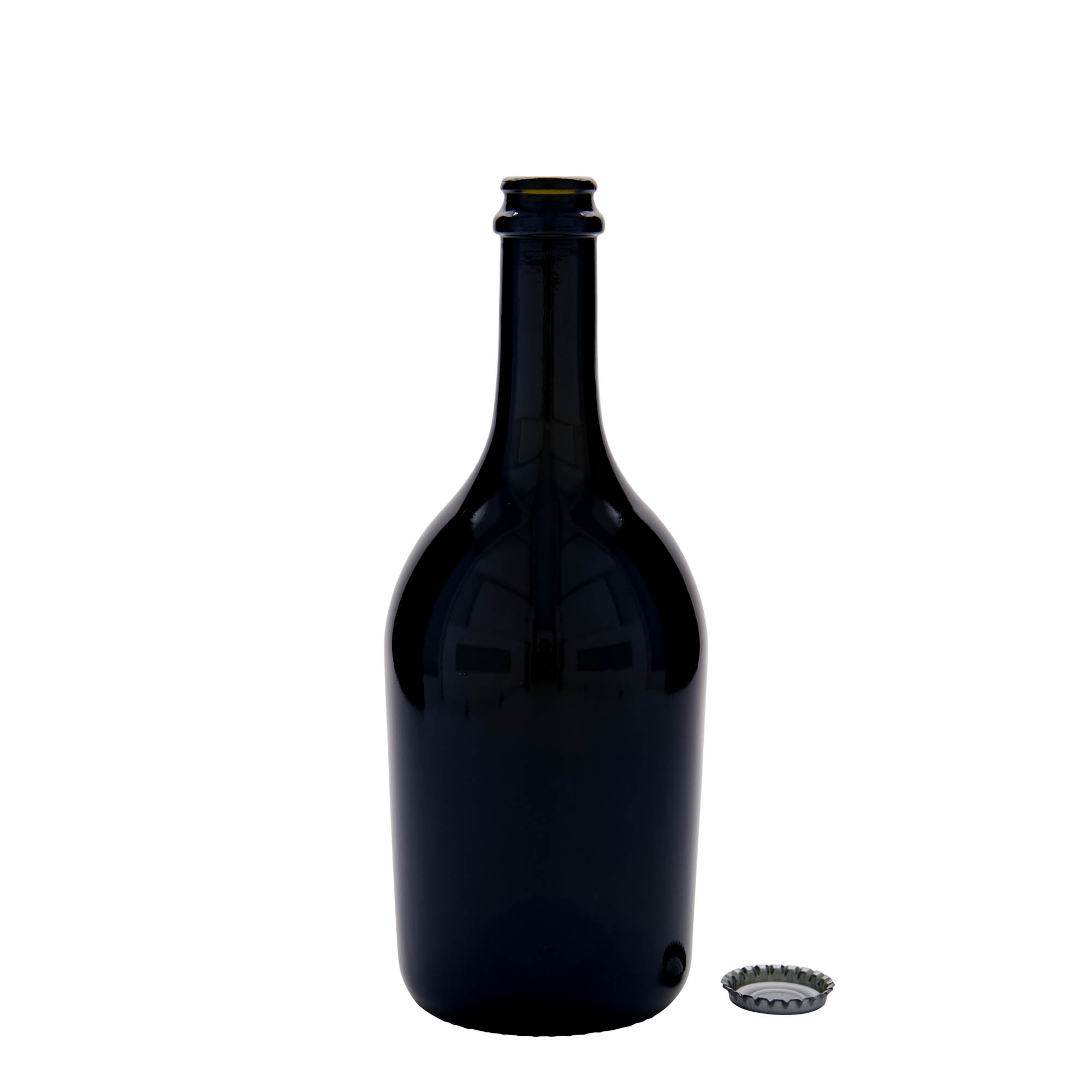 750 ml öl-/champagneflaska 'Butterfly', glas, antikgrön, öppning: kapsyl
