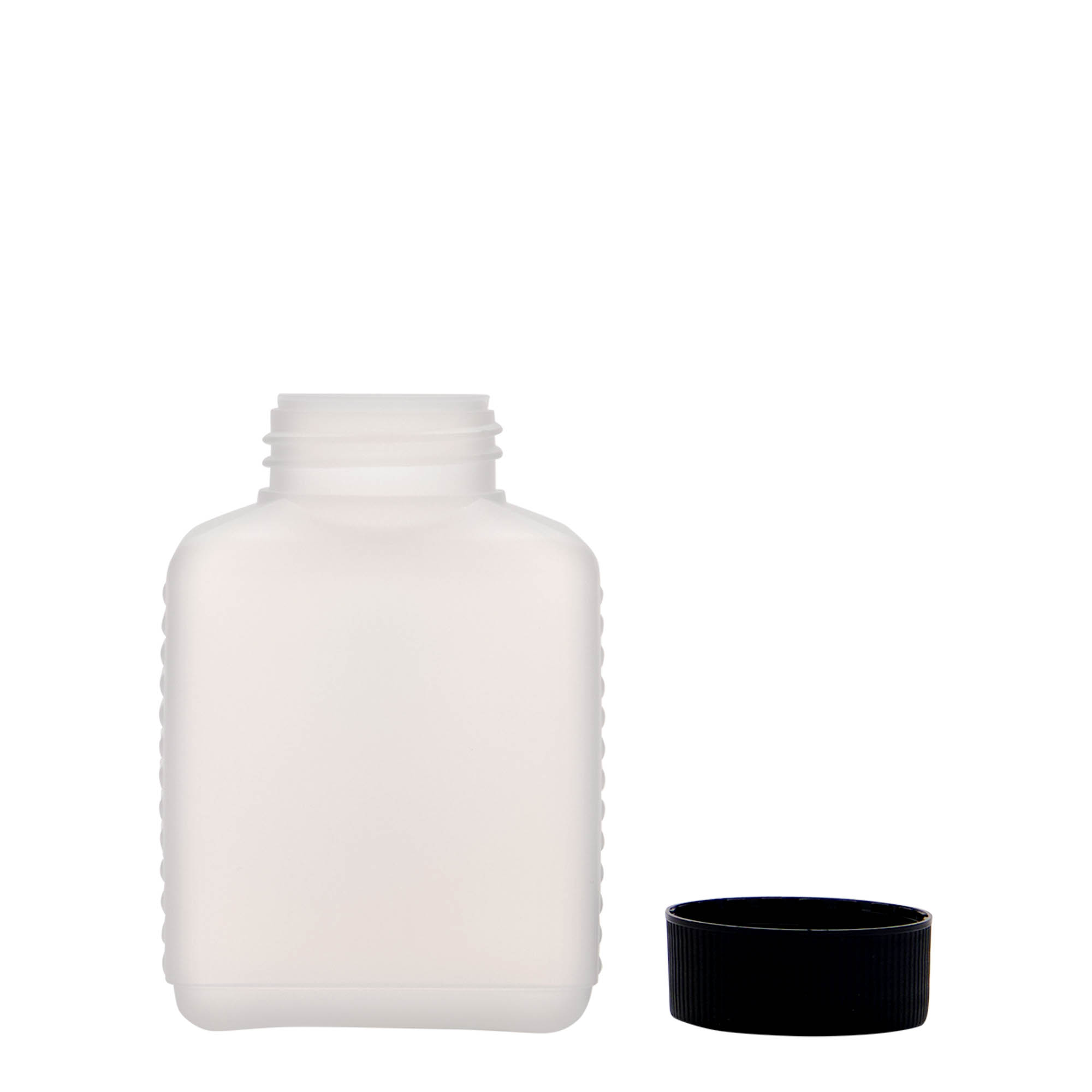 250 ml bredhalsflaska, rektangulär, HDPE-plast, natur, öppning: DIN 40 EPE