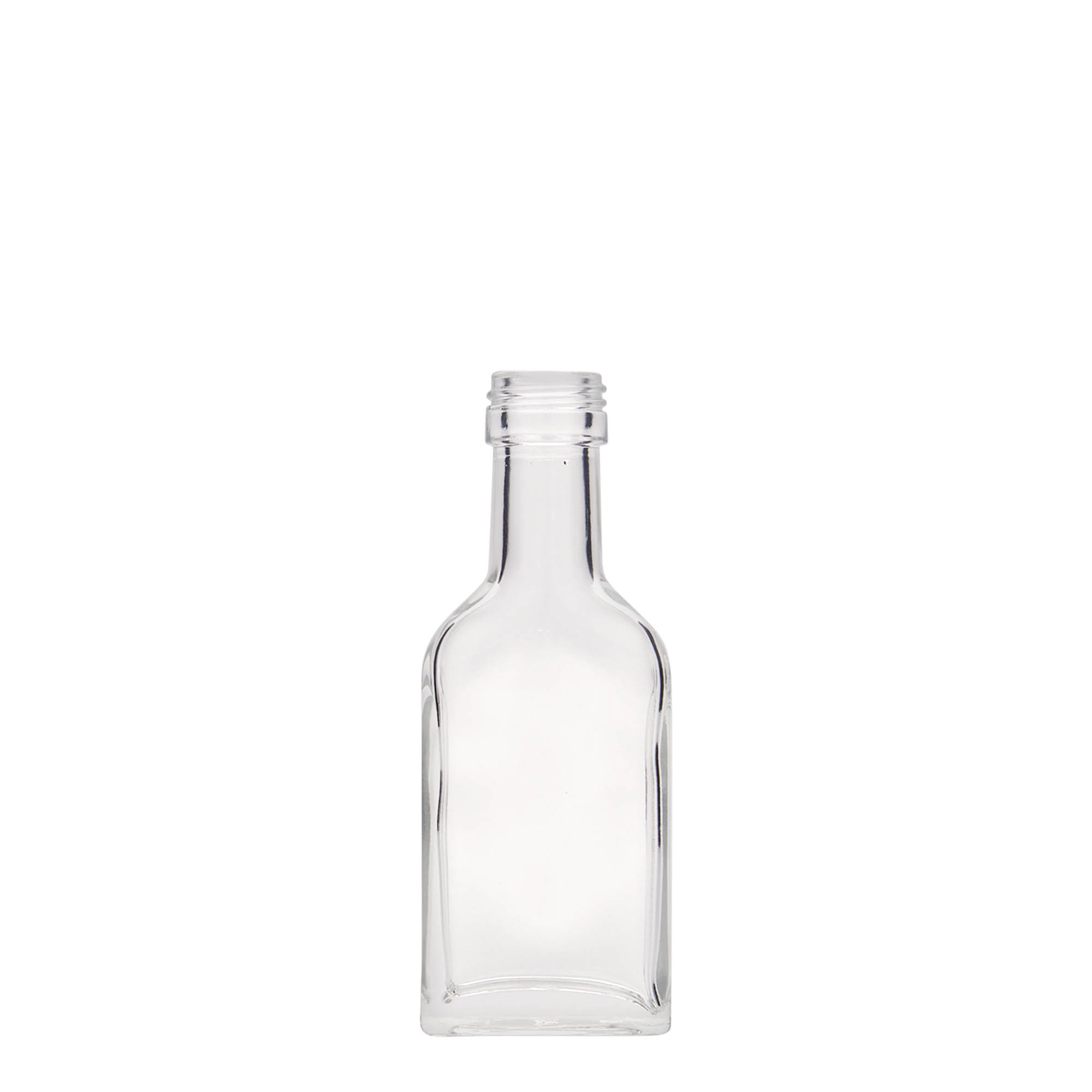 40 ml fickflaska lång hals, rektangulär, glas, öppning: PP 22 40 ml fickflaska lång hals, rektangulär, glas, öppning: PP 22