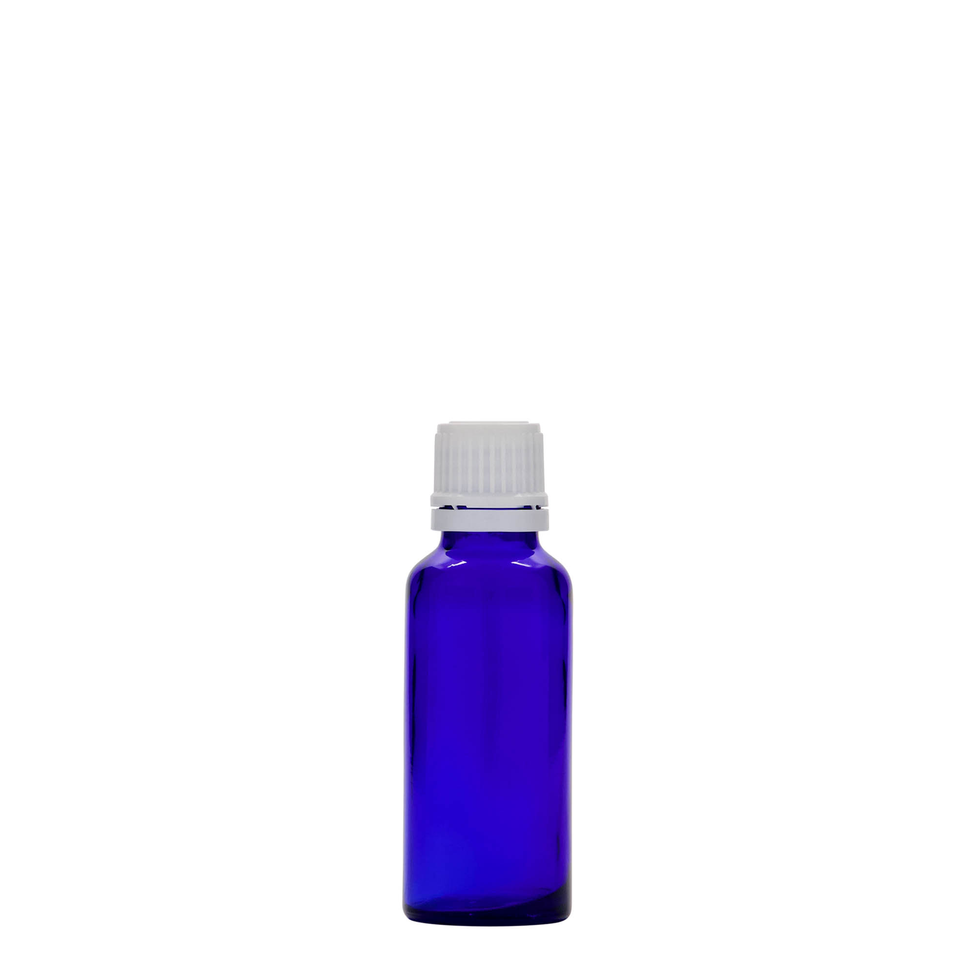 30 ml medicinflaska, glas, kungligt blå, mynning: DIN 18