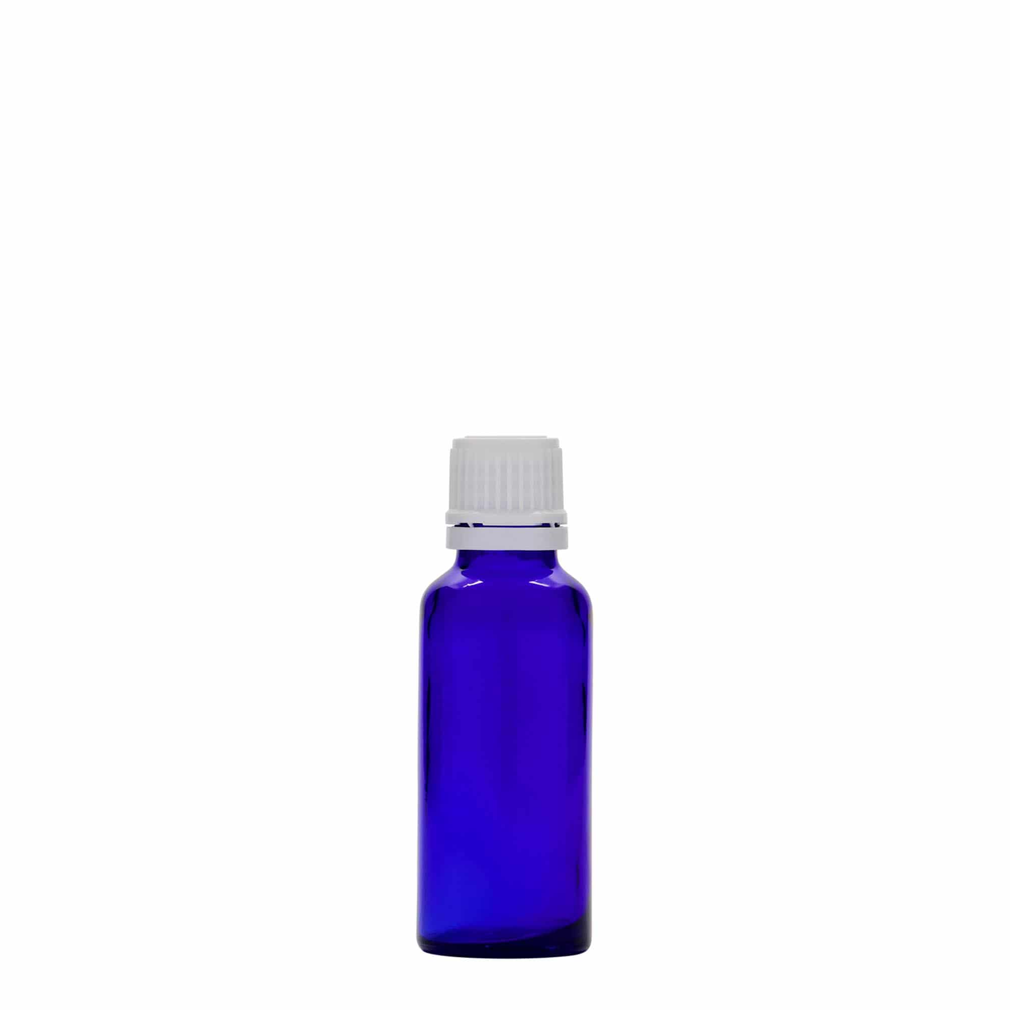 30 ml medicinflaska, glas, kungligt blå, mynning: DIN 18