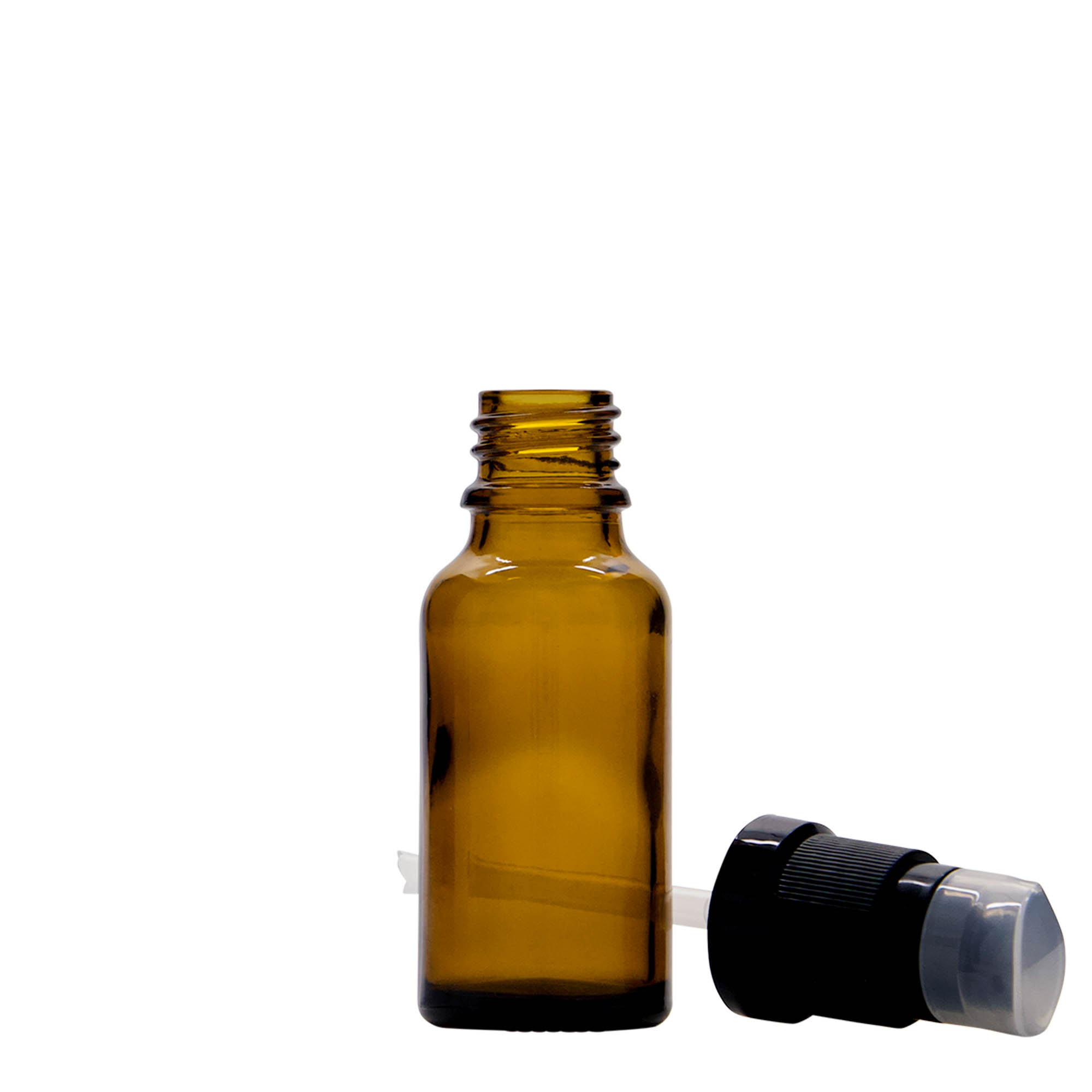 20 ml medicinflaska med lotionpump, glas, brun, mynning: DIN 18