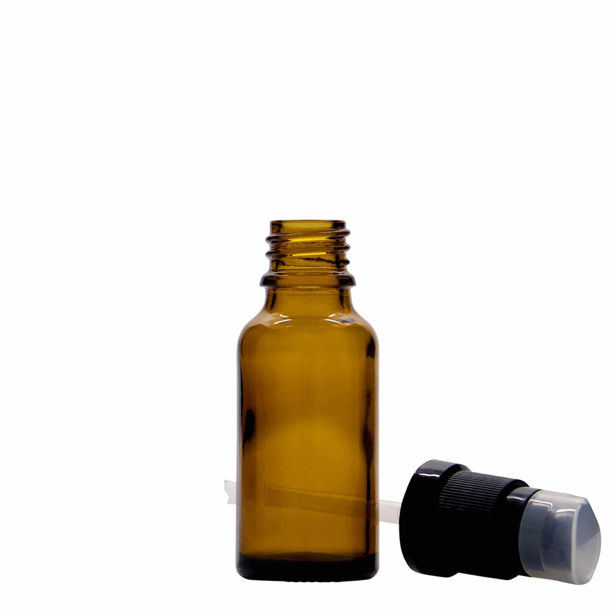 20 ml medicinflaska med lotionpump, glas, brun, mynning: DIN 18
