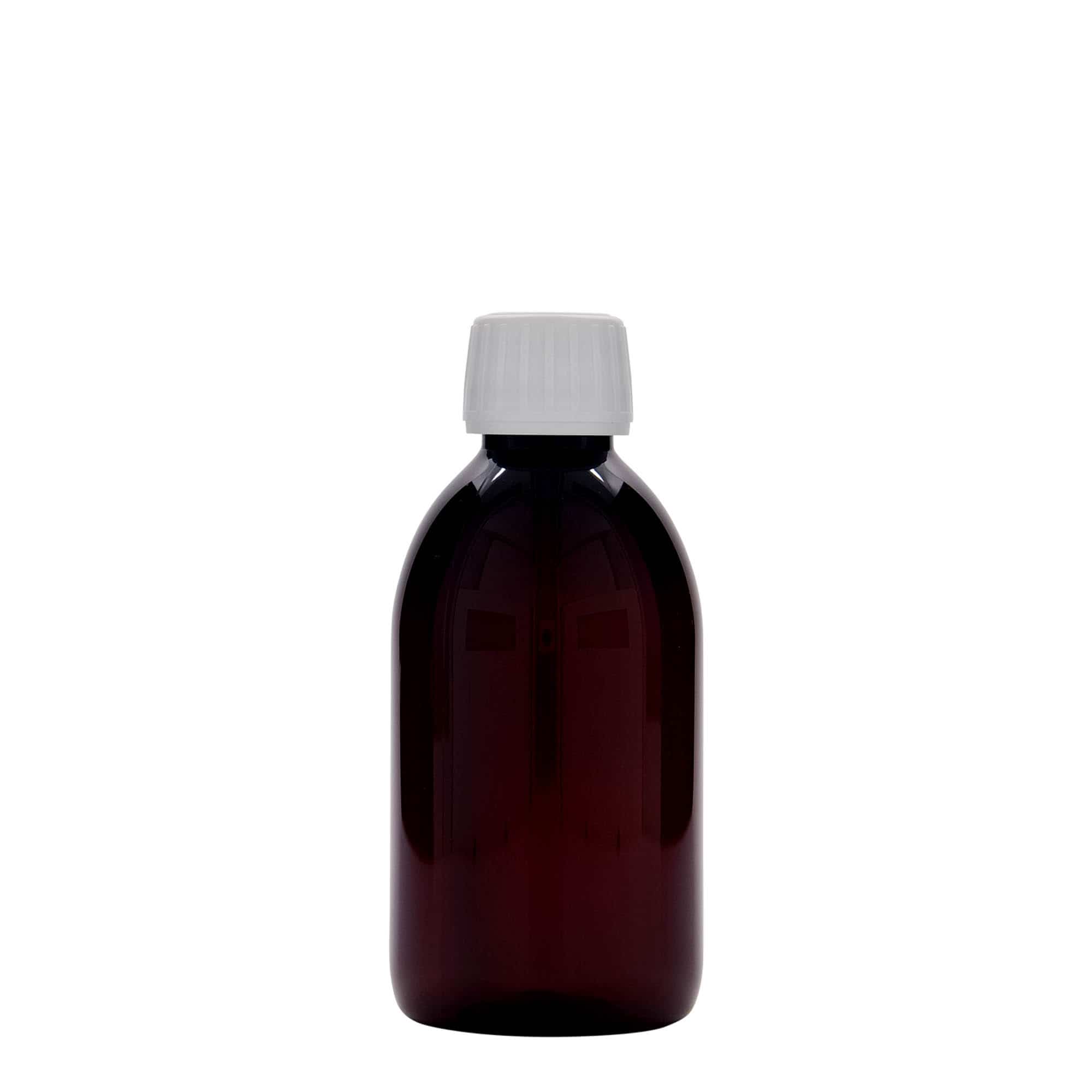 250 ml PET-medicinflaska, brun, plast, mynning: PP 28