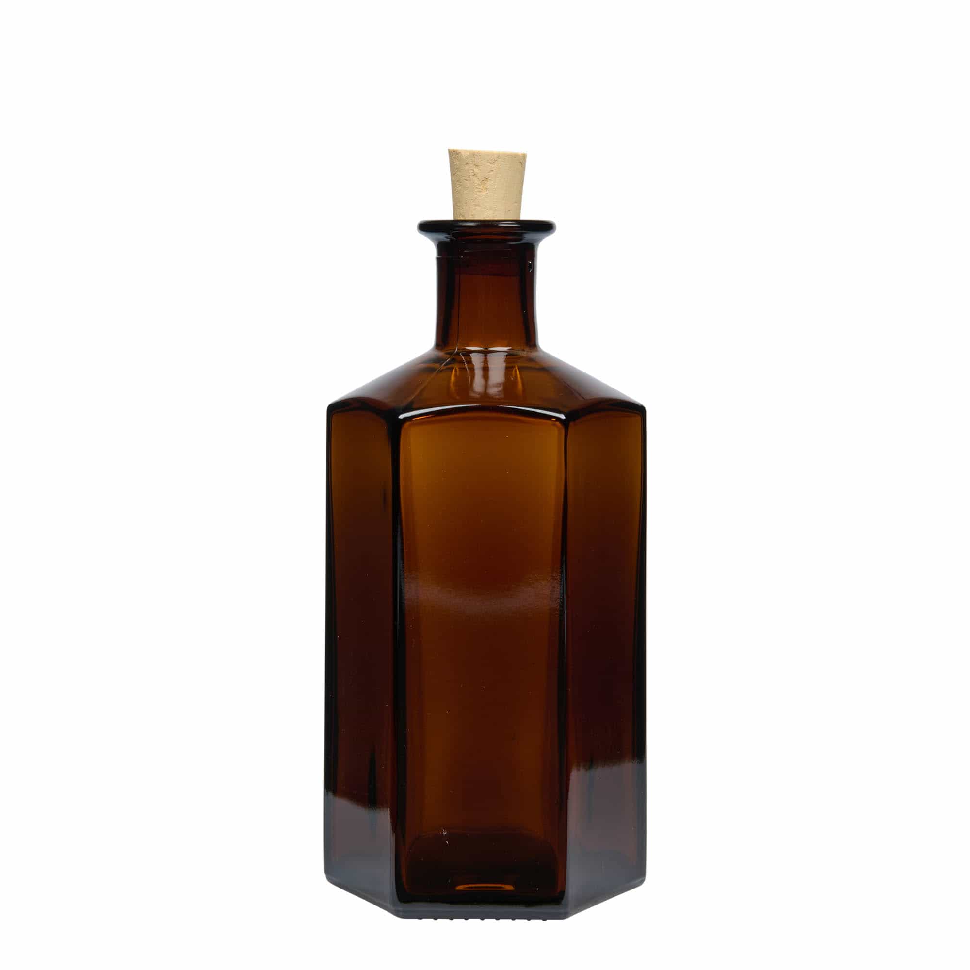 500 ml apoteksglasflaska 'Jimmy'. sexkantig. brun. mynning: kork