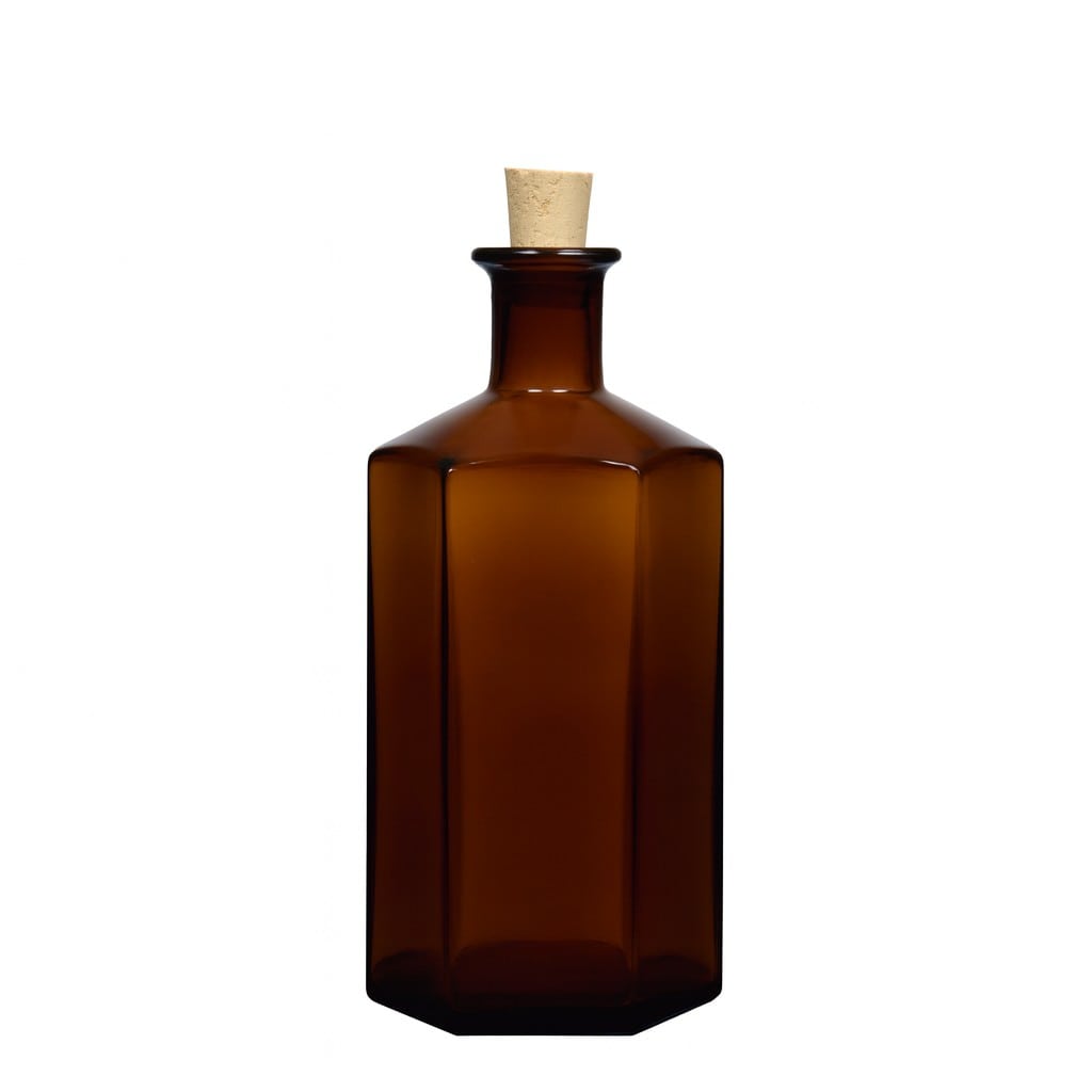 500 ml glasflaska apotekare 'Jimmy', sexkantig, brun, öppning: kork
