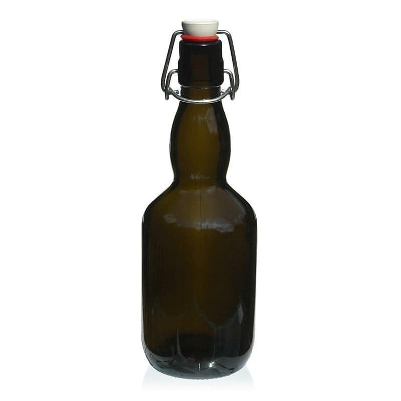 500 ml ölflaska krökt hals, glas, antikgrön, mynning: patentkork