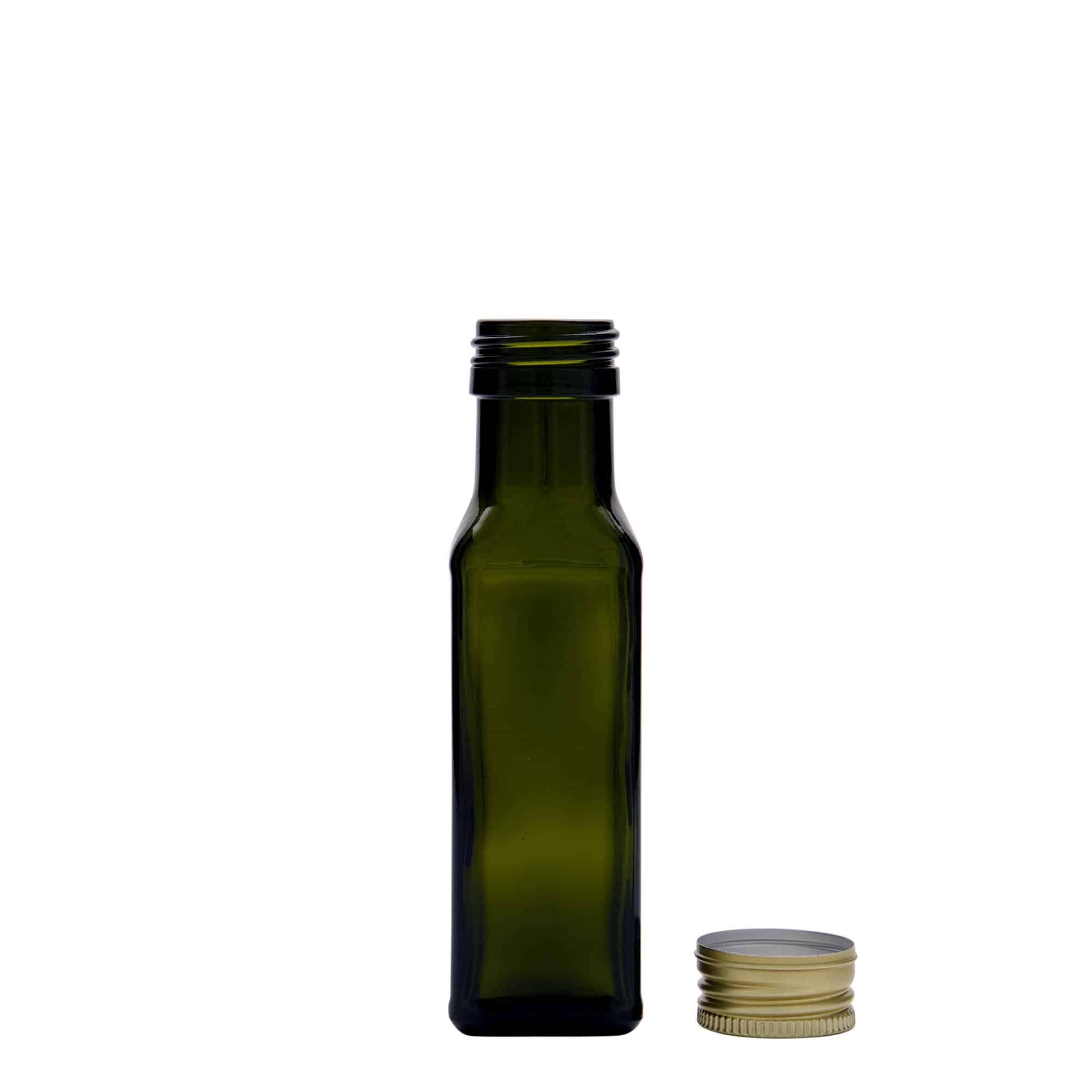 100 ml glasflaska 'Marasca', kvadratisk, antikgrön, mynning: PP 31,5 100 ml glasflaska 'Marasca', kvadratisk, antikgrön, mynning: PP 31,5