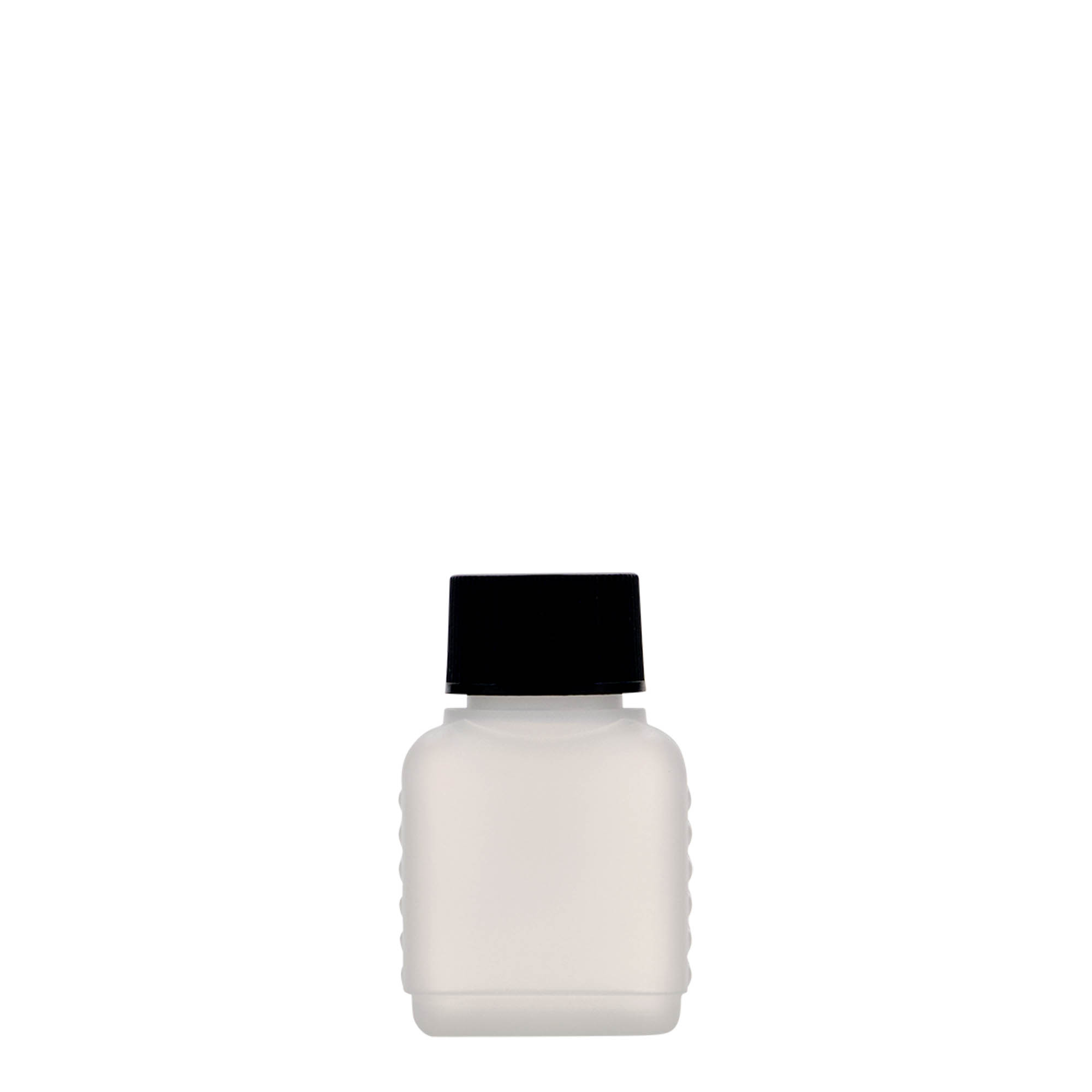 50 ml kanisterflaska, rektangulär, HDPE-plast, natur, öppning: DIN 25