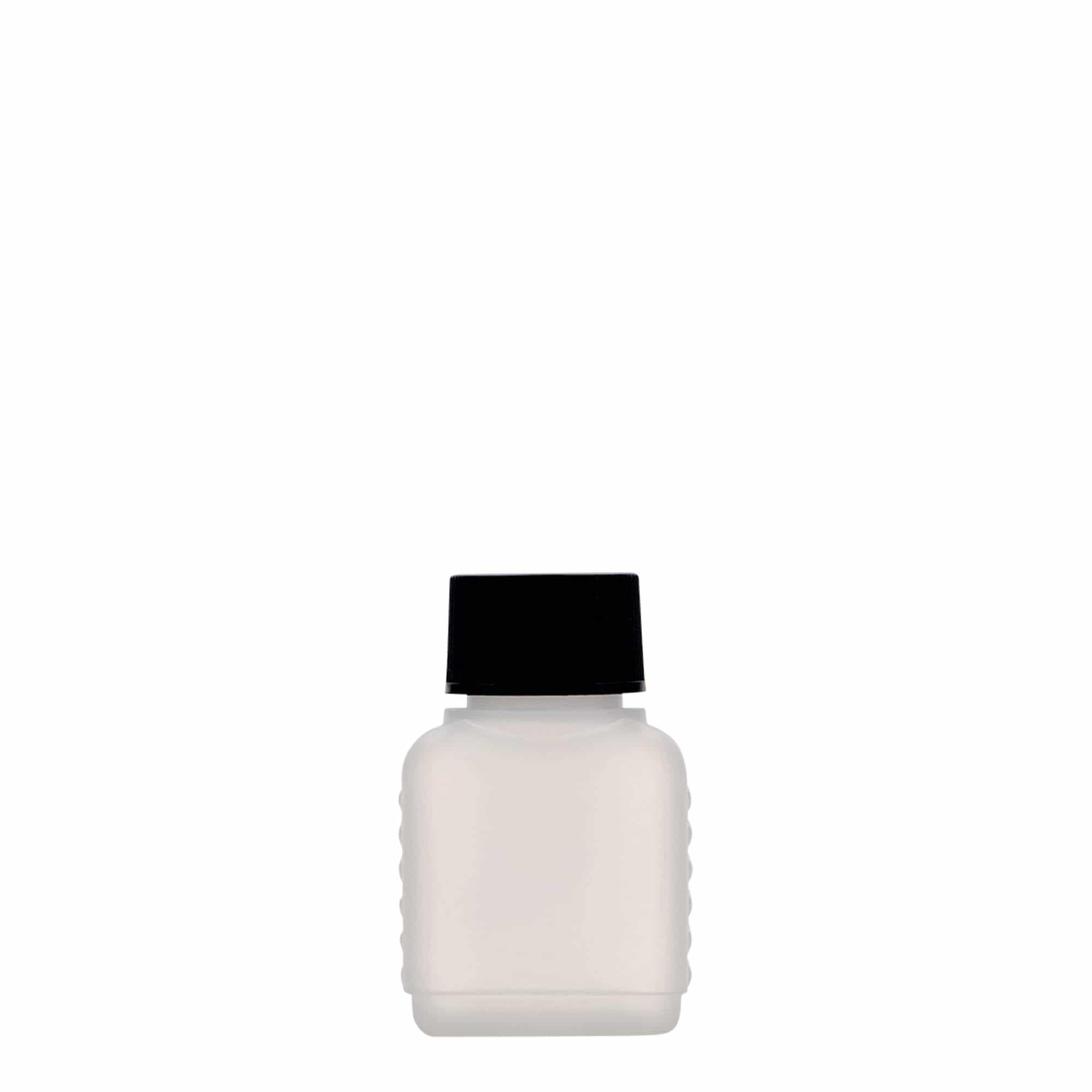 50 ml kanisterflaska, rektangulär, HDPE-plast, natur, öppning: DIN 25