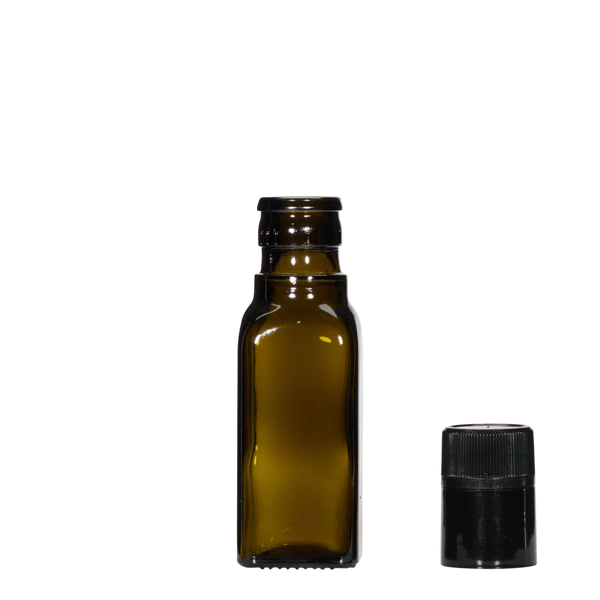 100 ml vinäger-/oljeflaska 'Quadra', glas, kvadratisk, antikgrön, mynning: DOP