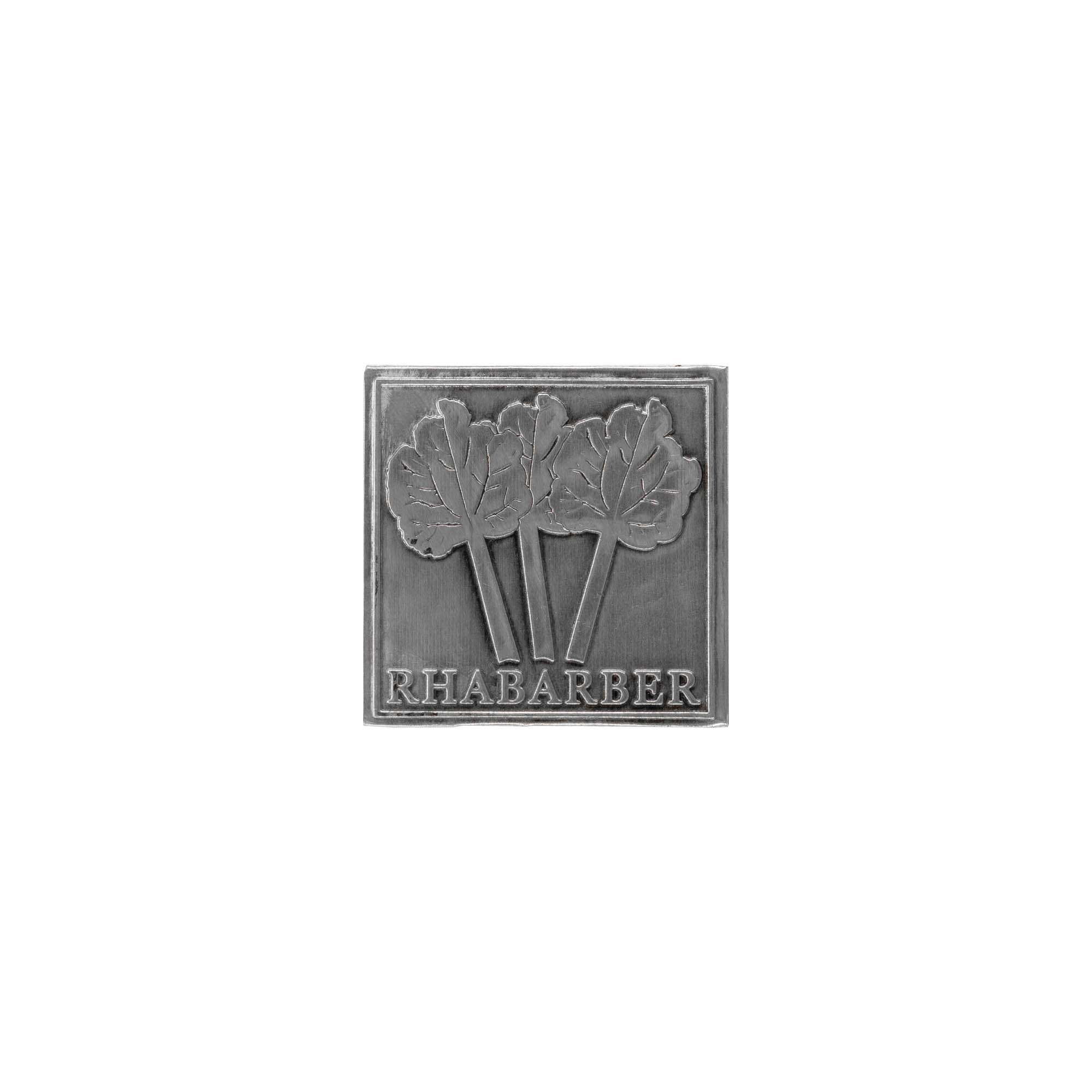 Tennetikett 'Rabarber', kvadratisk, metall, silver