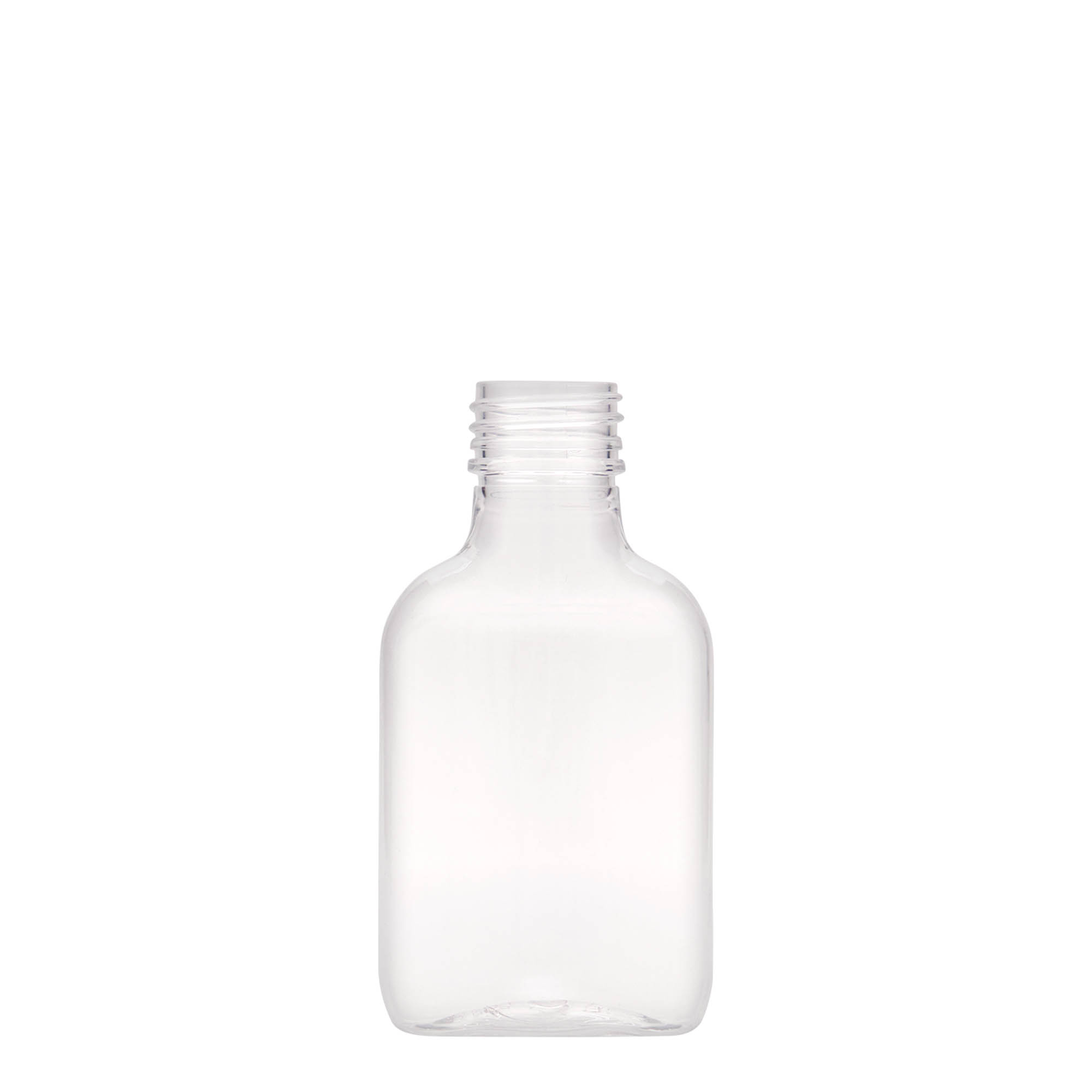 100 ml fickflaska, oval, PET-plast, mynning: PP 28