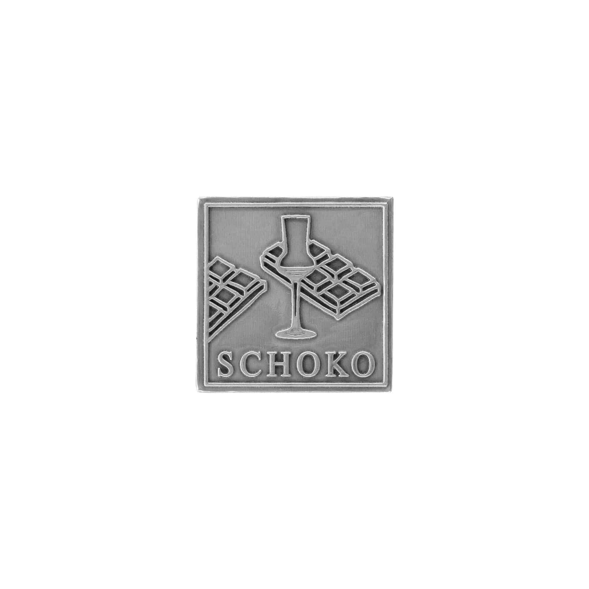 Tennetikett 'Schoko', kvadratisk, metall, silver