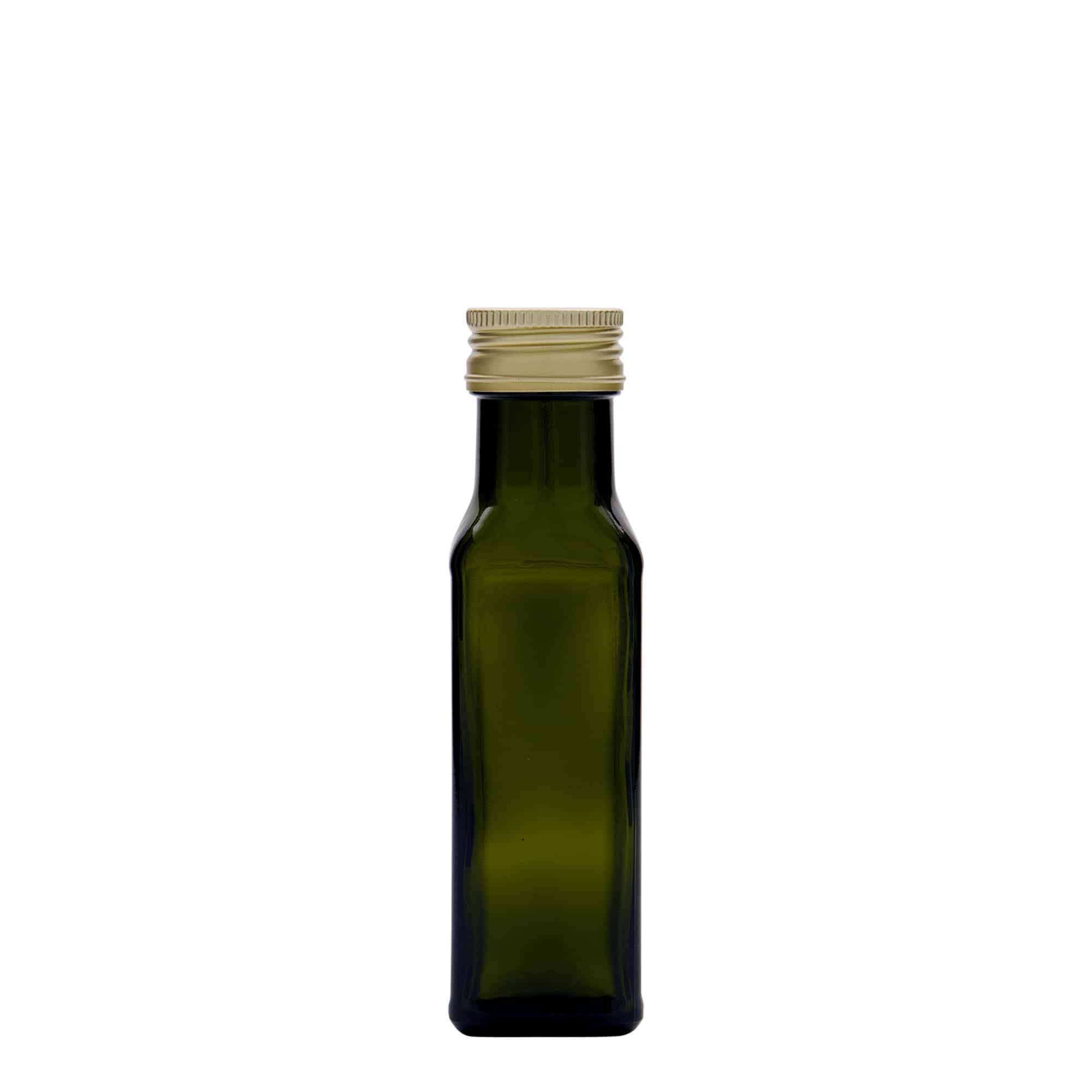 100 ml glasflaska 'Marasca', kvadratisk, antikgrön, öppning: PP 31,5