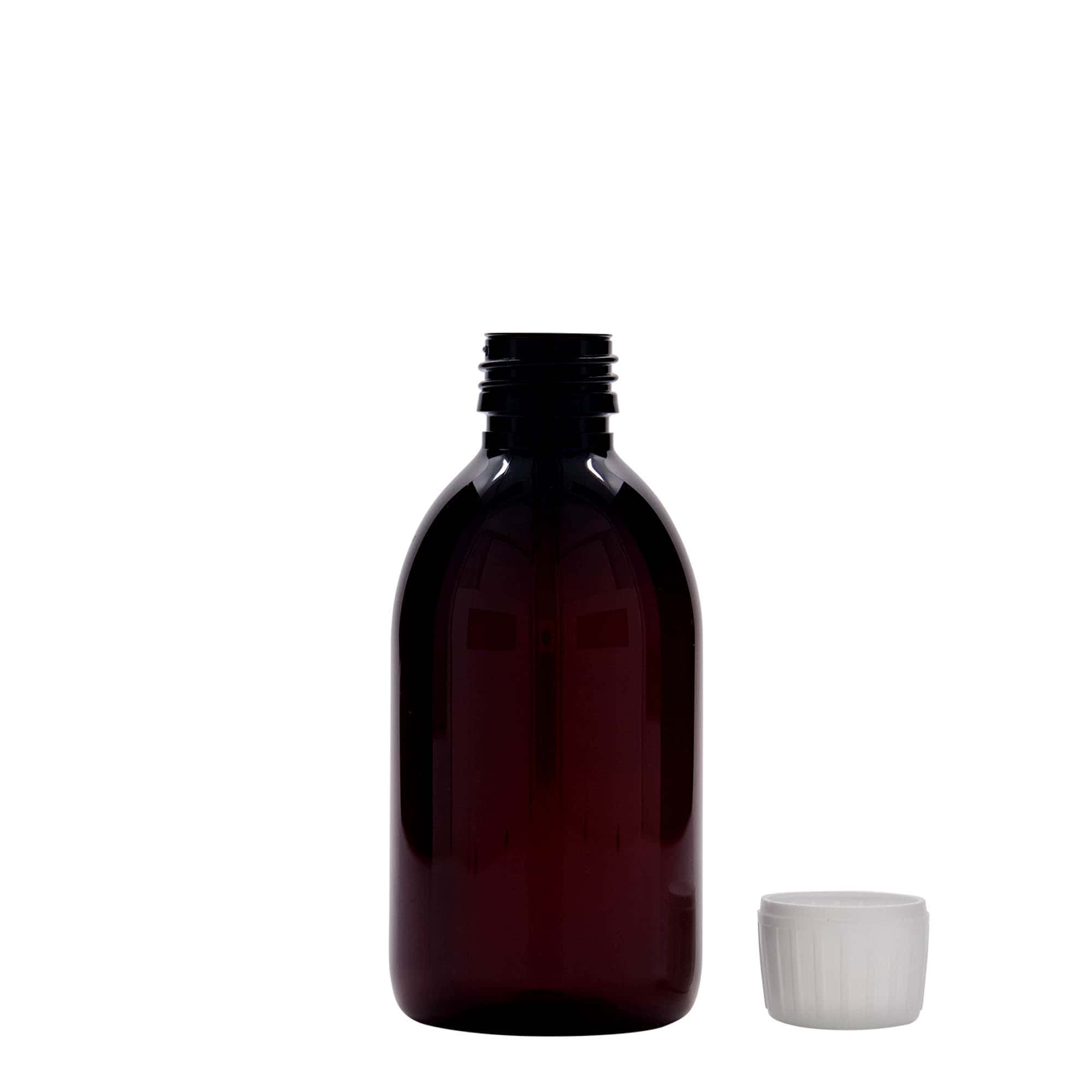 250 ml PET-medicinflaska, brun, plast, öppning: PP 28