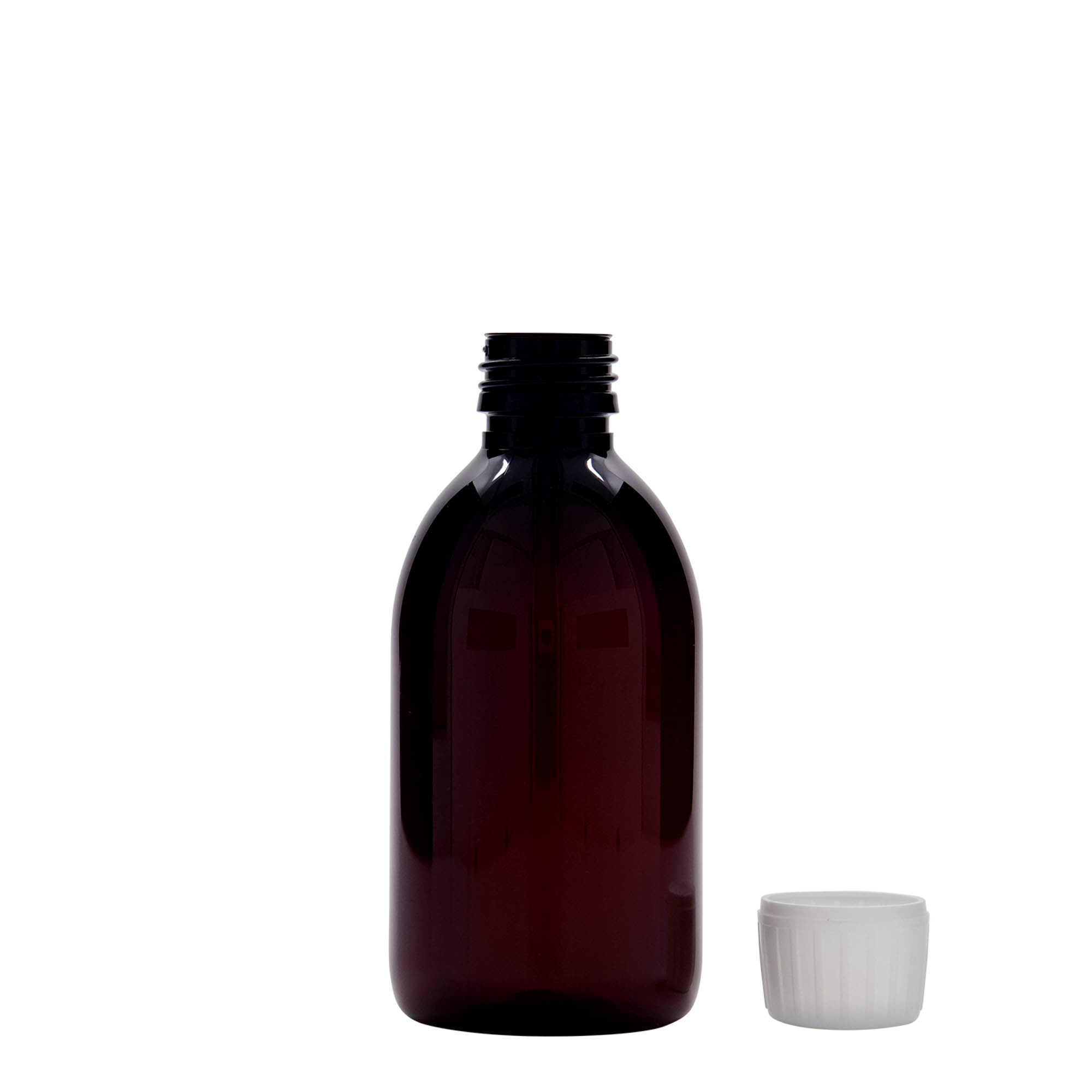 250 ml PET-medicinflaska, brun, plast, öppning: PP 28