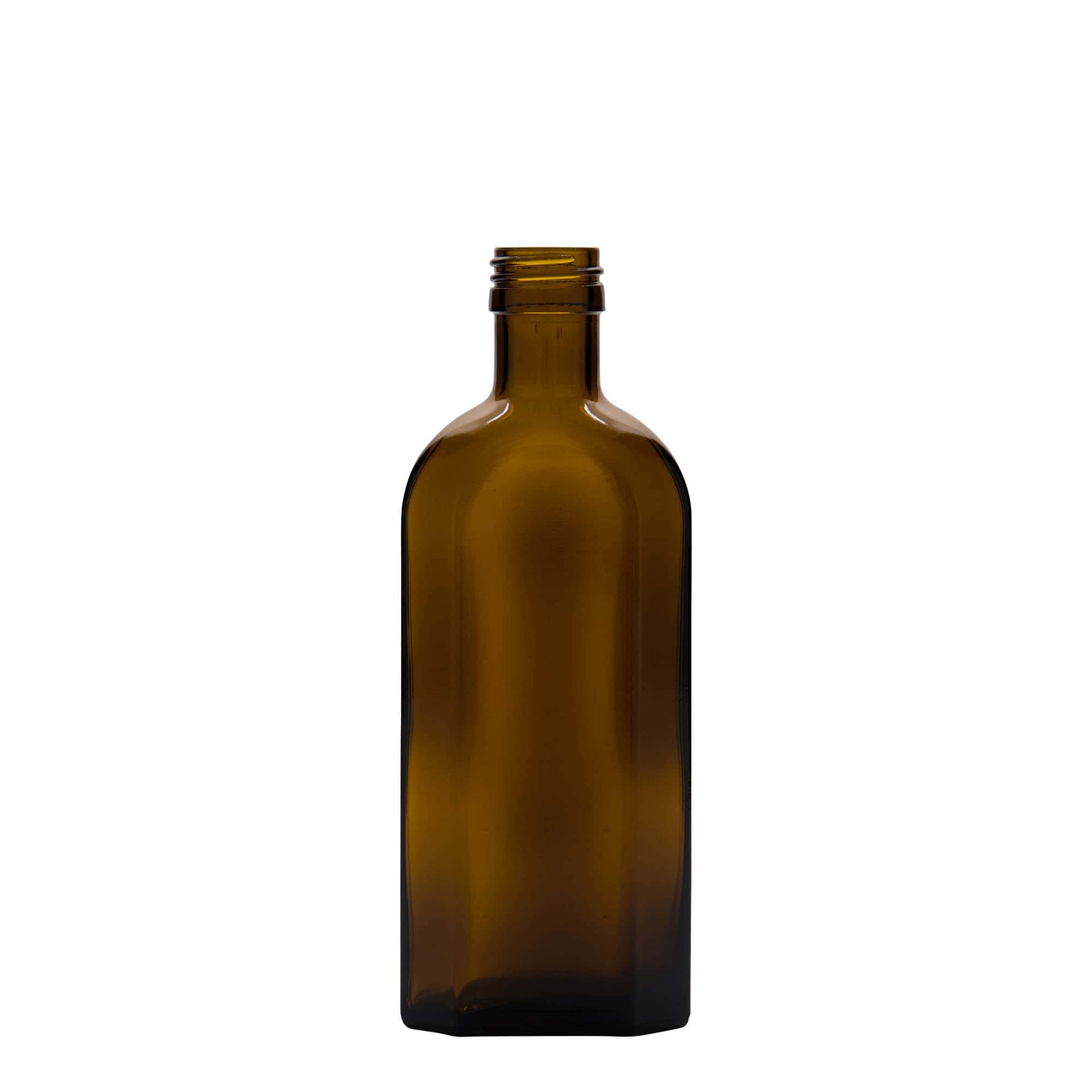 250 ml medicinflaska Meplat, oval, glas, brun, mynning: PP 28