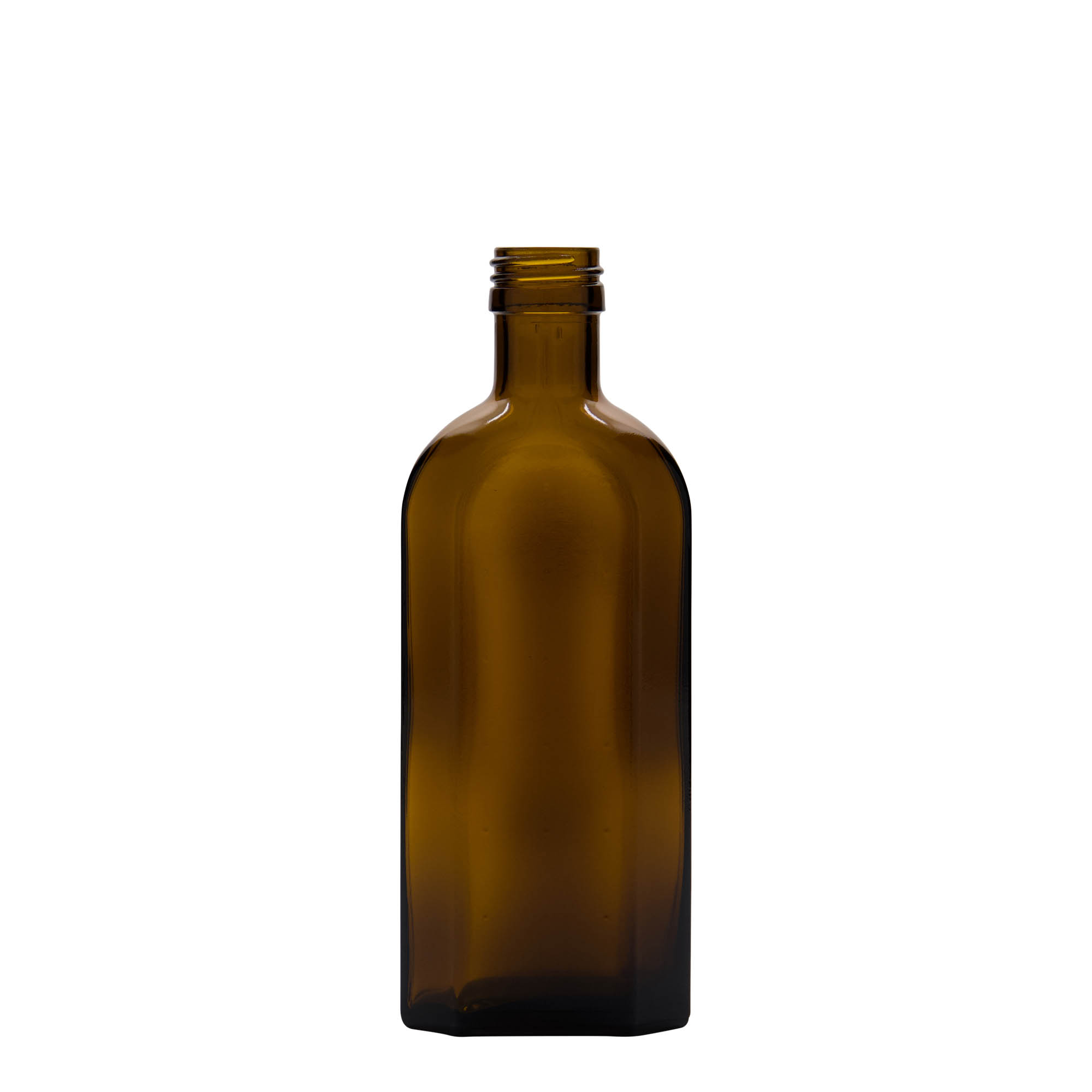 250 ml medicinflaska Meplat, oval, glas, brun, mynning: PP 28