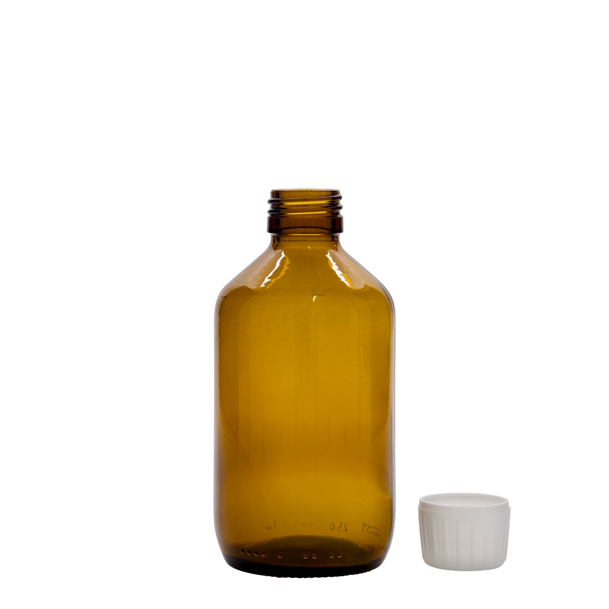 250 ml medicinflaska, brun, glas, mynning: PP 28 250 ml medicinflaska, brun, glas, mynning: PP 28