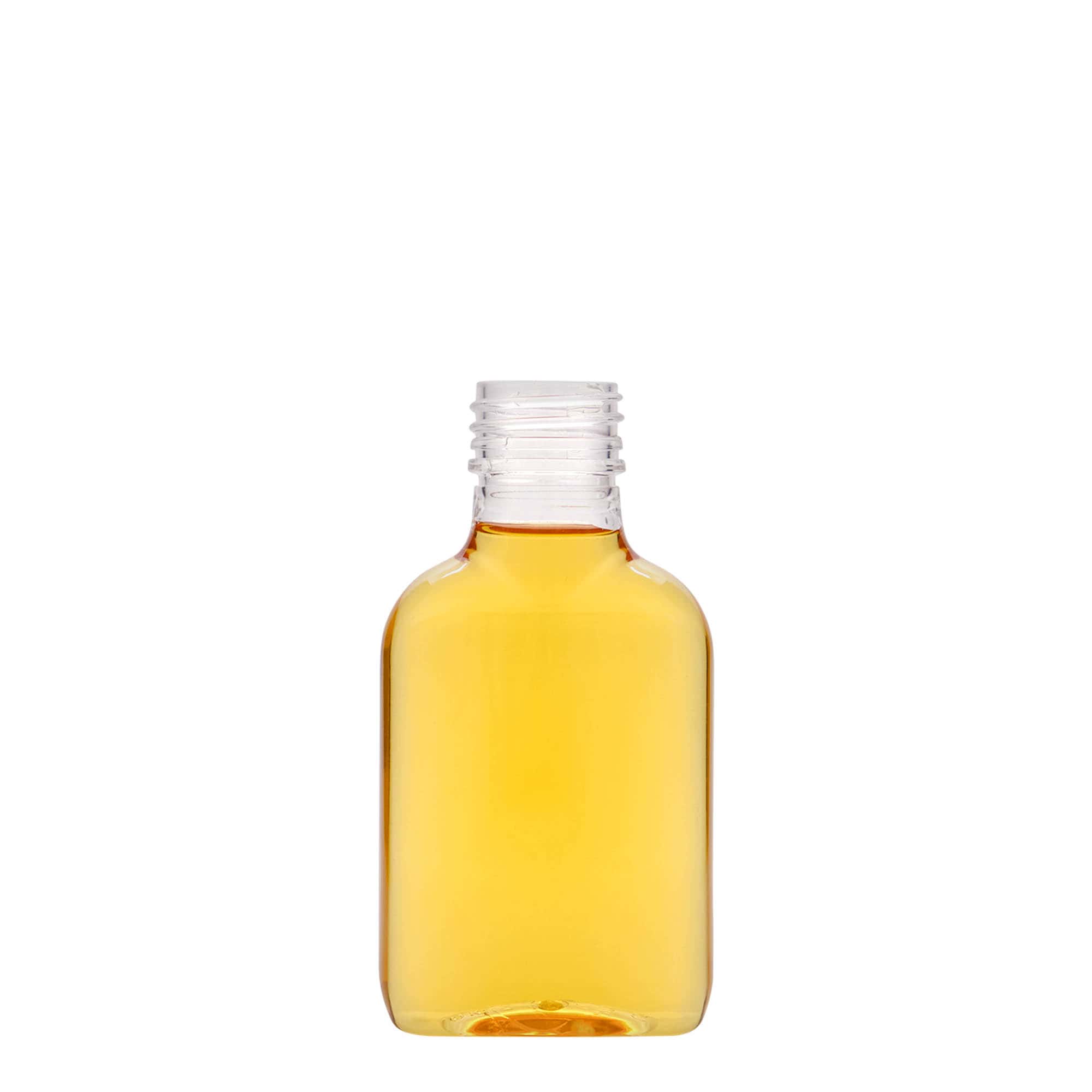 100 ml fickflaska, oval, PET-plast, mynning: PP 28